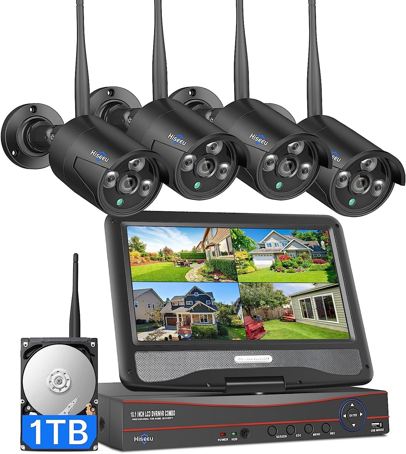 Hiseeu Home Security Camera System, 24/7 Recording Wired Plug-in Powered 4Pcs 5MP Outdoor Cameras, 10.1" LCD 16CH 8MP NVR&Monitor, One-Way Audio, Motion Detection, 1TB HDD, 2.4G/5G Wireless WiFi Pro