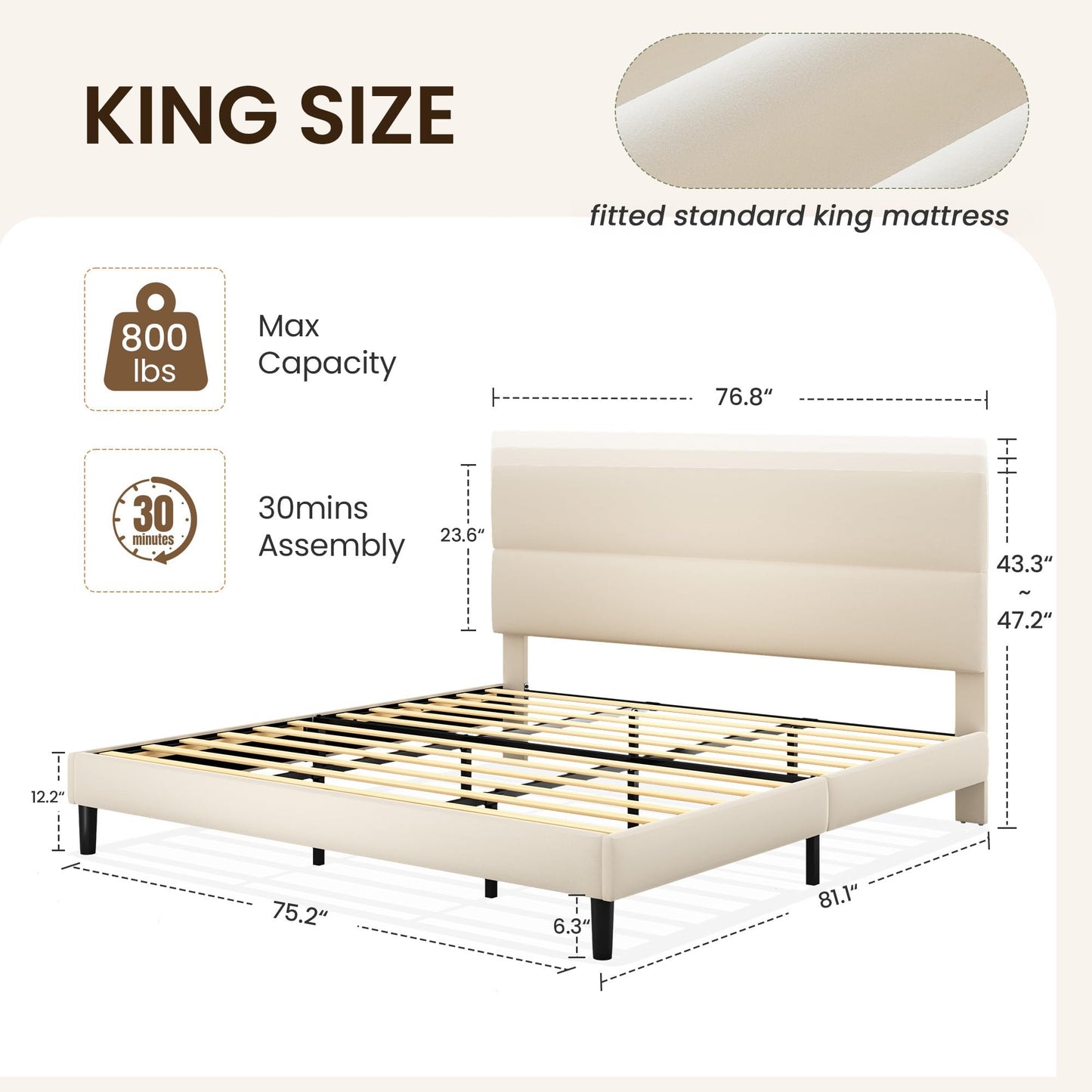 GRUSIGN King Size Platform Bed Frame with Velvet Headboard, Adjustable Height Wooden Slats Support, Upholstered Mattress Foundation, Fits Mattress or Mattress with Box Spring, Easy Assembly, Beige