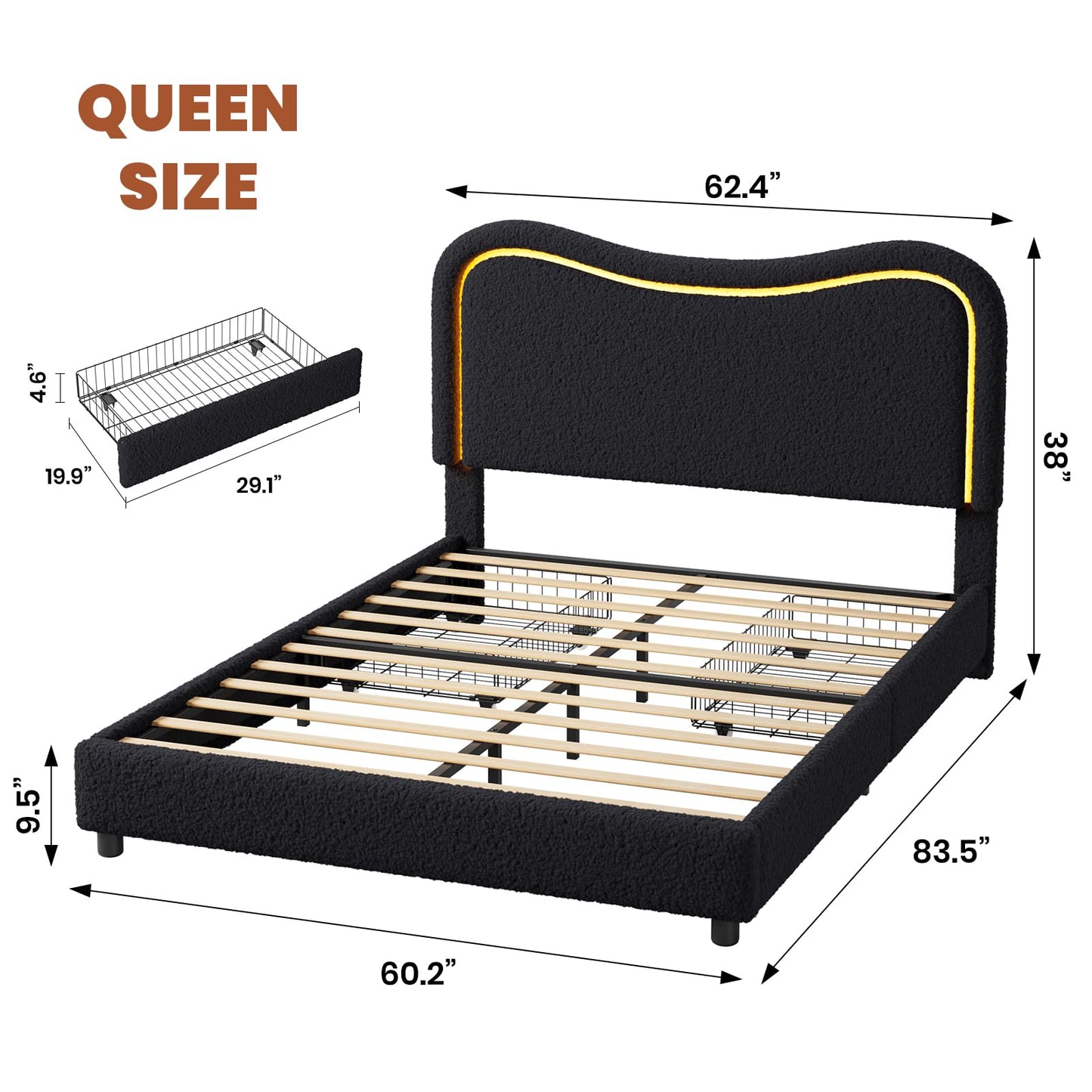 Garvee Boucle Queen Bed Frame with 2 Storage Drawers, Upholstered Platform Bed with LED Headboard, Wood Slats Support, No Box Spring Needed for Kids, Teens-Black