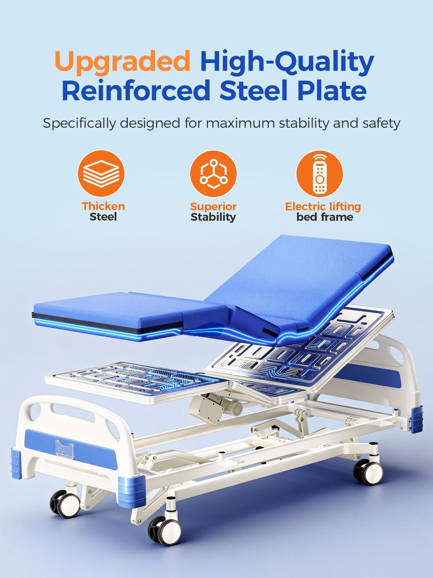 DAHAIY 3 Function 600LBS Full Electric Hospital Bed, Beds for Home Use, Medical Bed for Seniors with Mattress, Adjustable Hospital, Frame, Medical Equipment, Special Needs Beds, IV Pole,