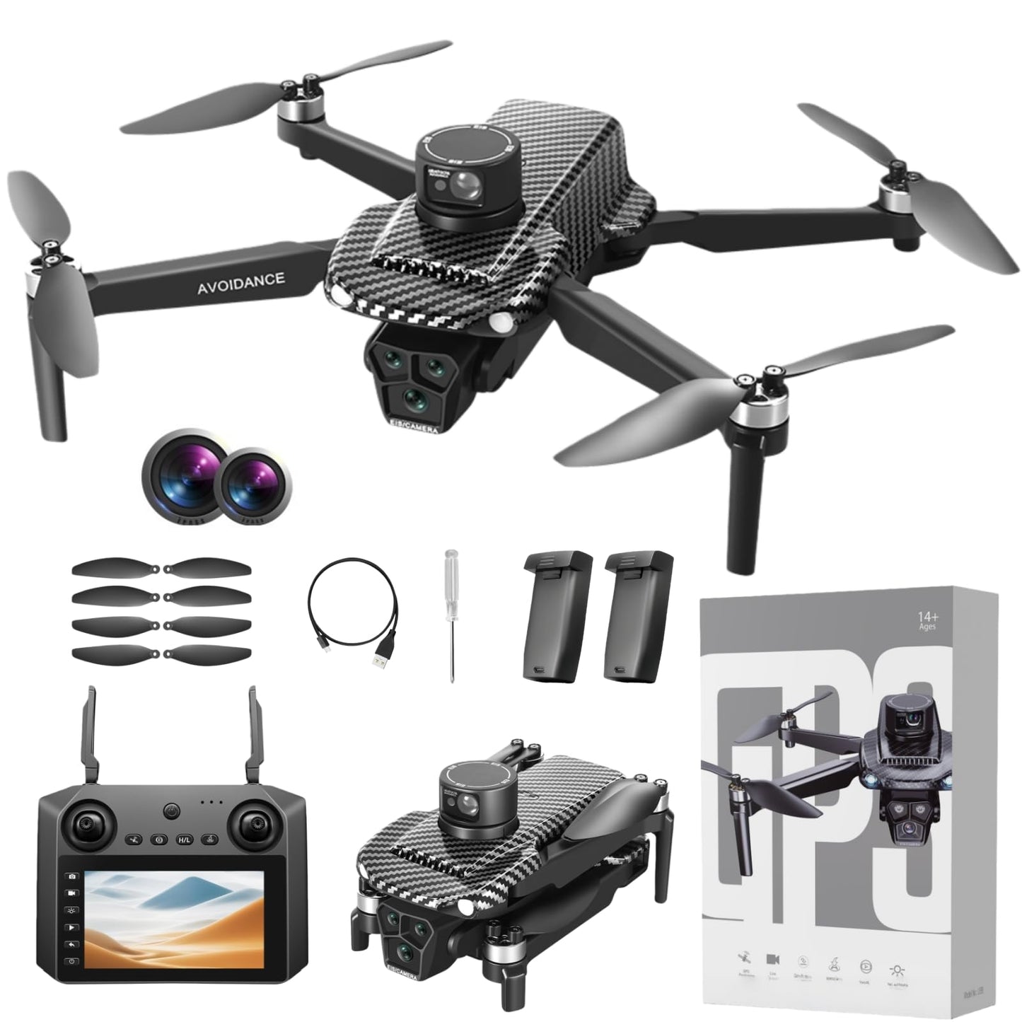 GPS Remote Control Drone, HD Quadcopter with 4K Camera, 7.4V 3000mAh Battery (2 Batteries), 4.5-Inch FPV Screen, 5G Real-Time Transmission, Laser Obstacle Avoidance, Brushless Motor, Optical Flow Positioning, LED Lights, Altitude Hold, Intelligent Hover,