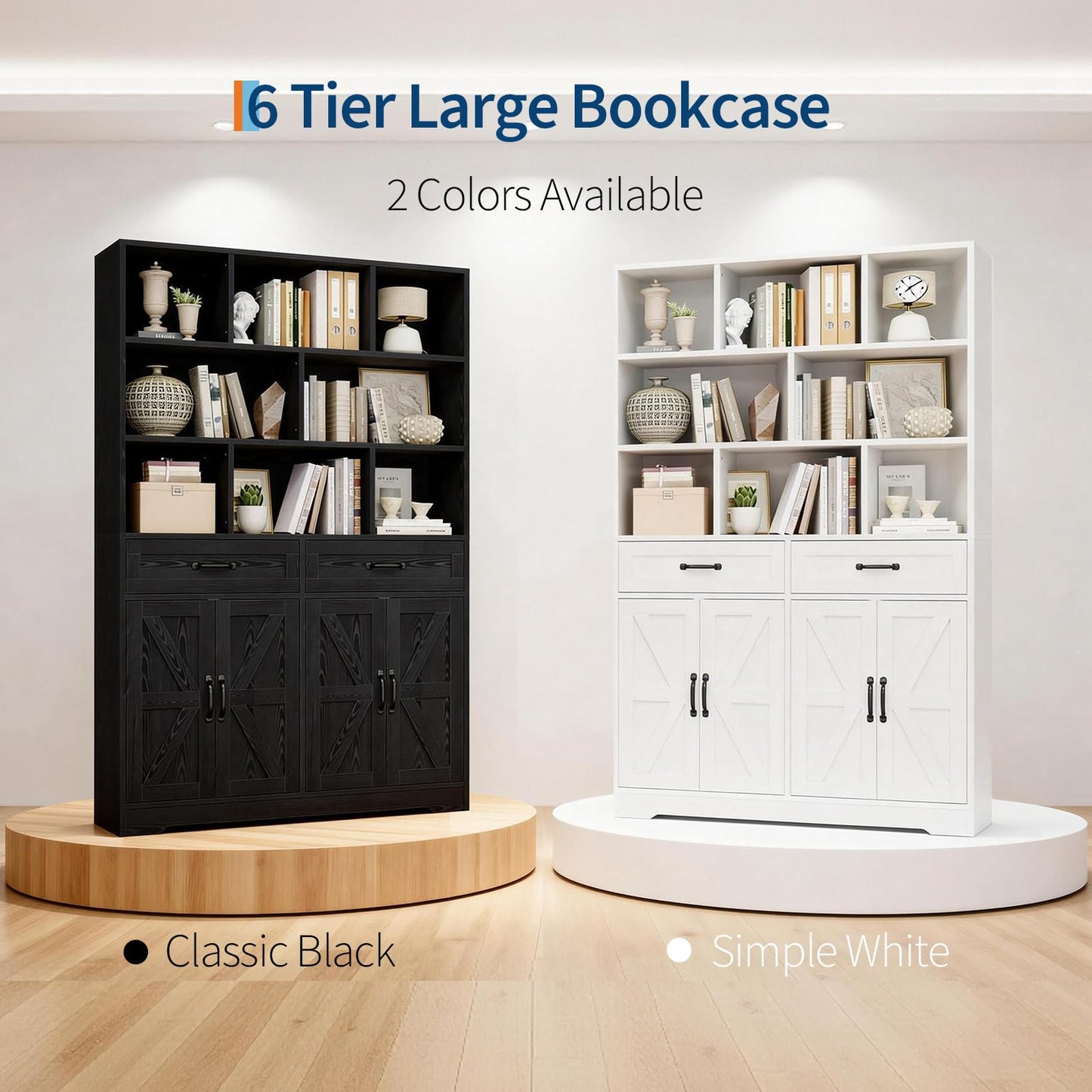 IDEALHOUSE 6 Tier Large Bookcase with Drawers & Doors, 71 Inch Tall Wood Bookshelf, Modern Display Cabinet Book Storage Organizer for Office Living Room Apartments