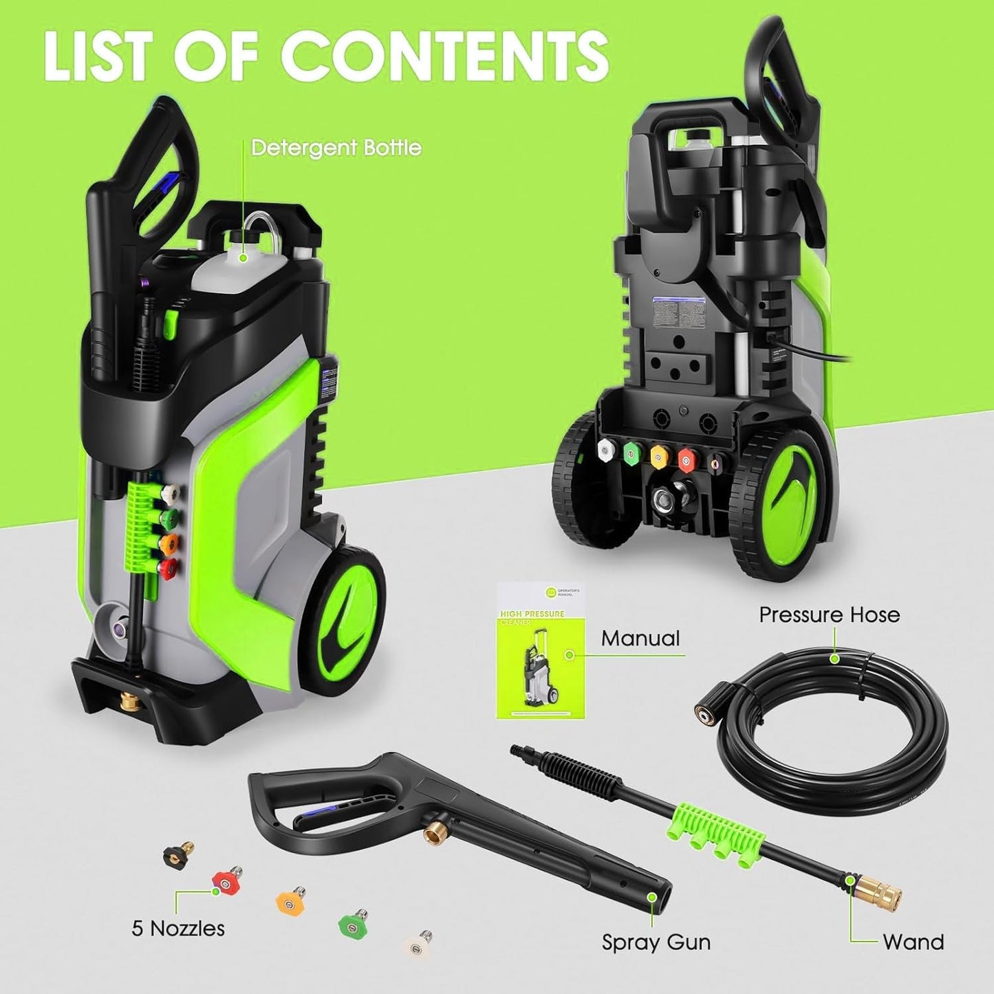 5000PSI Pressure Washer 4.0GPM High Power Washer with M22-14mm Pressure Hose 33FT,Powerwashers with 1/4" QC Compatible Surface Cleaner, 5 Nozzle and Soap Bottle for Home,Car,Patio (Green)