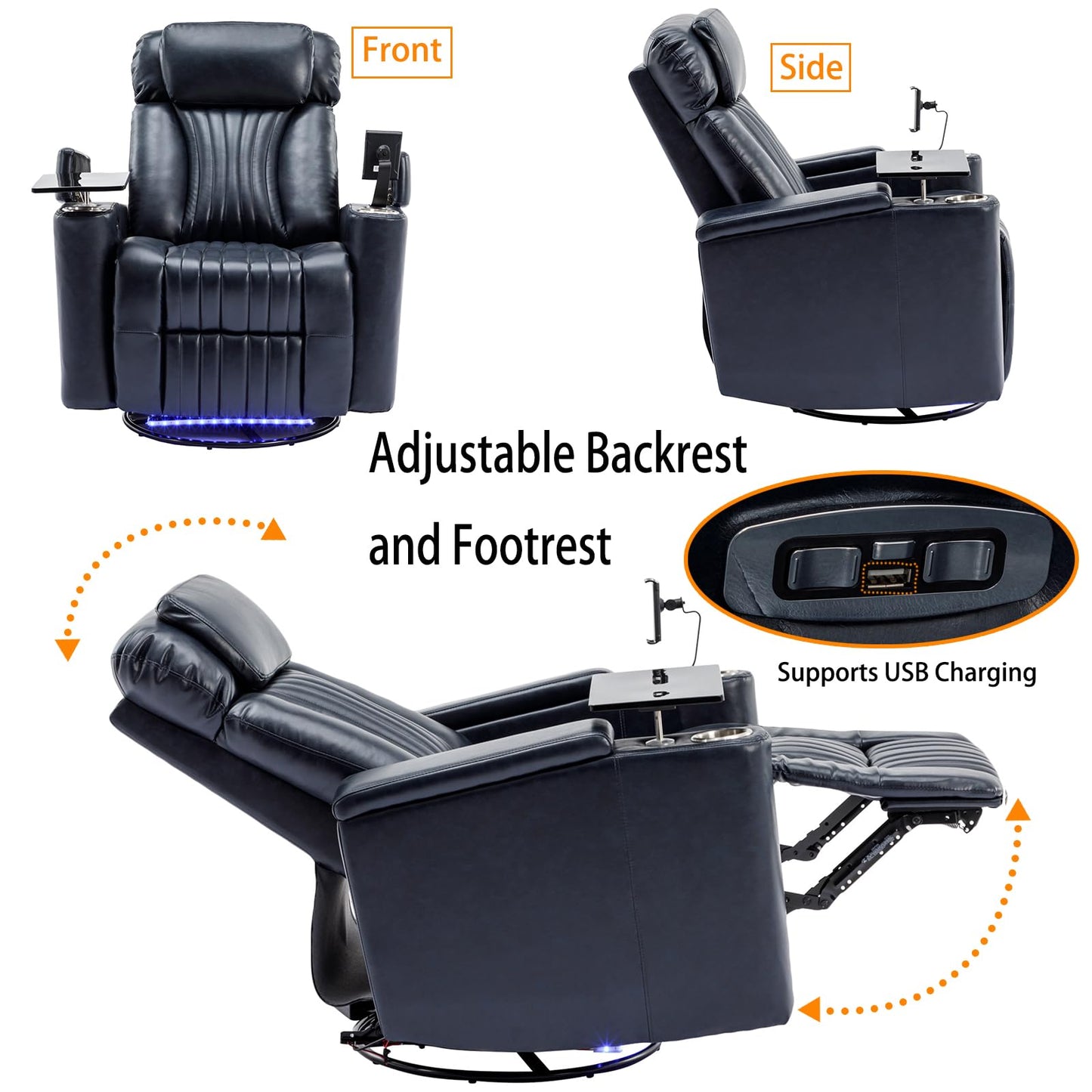 COSYTREE Home Theater Seating Power Recliner Chair, 270°Swivel PU Leather Theater Recliner with LED Ambient Lights, 360°Rotating Tray Table,USB Charging,Cup Holders & Hidden Arm Storage, Blue