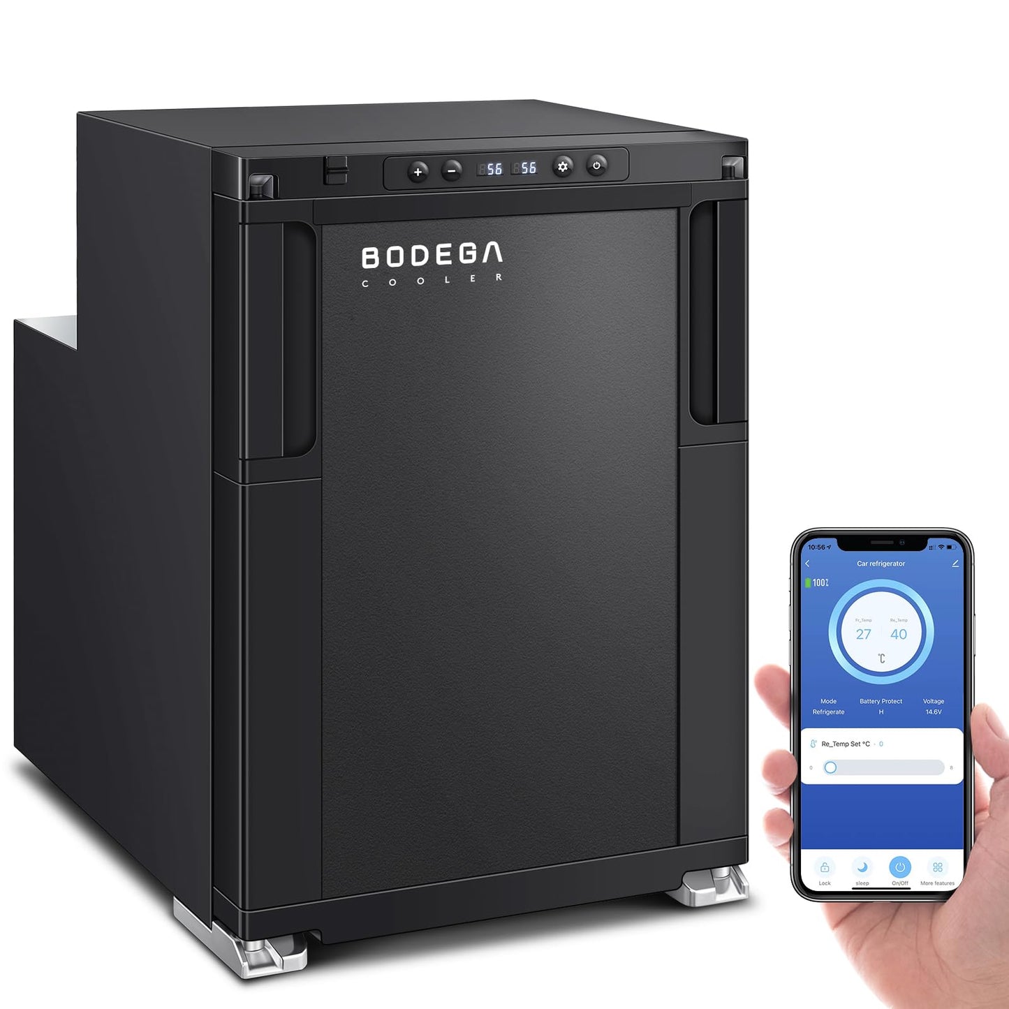 BODEGACOOLER Upgraded 12-Volt Refrigerator, 45L(1.6cu.ft) RV Fridge and Freezer with APP Control & Lock, Portable Electric Cooler -4℉ to 46℉, 12/24V DC for Truck, RV, Camping, Travel