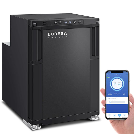BODEGACOOLER Upgraded 12-Volt Refrigerator, 45L(1.6cu.ft) RV Fridge and Freezer with APP Control & Lock, Portable Electric Cooler -4℉ to 46℉, 12/24V DC for Truck, RV, Camping, Travel