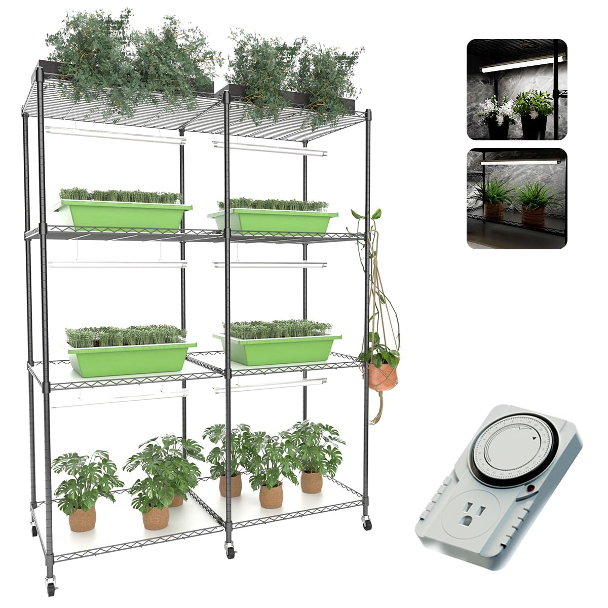 SQUEEZE master Double Grid Indoor Greenhouse with Grow Lights, Large 16-Tray Capacity for 1020 Trays & Heating Pads-Full Spectrum LED Plant Stand with 24H Timer & Rolling Casters