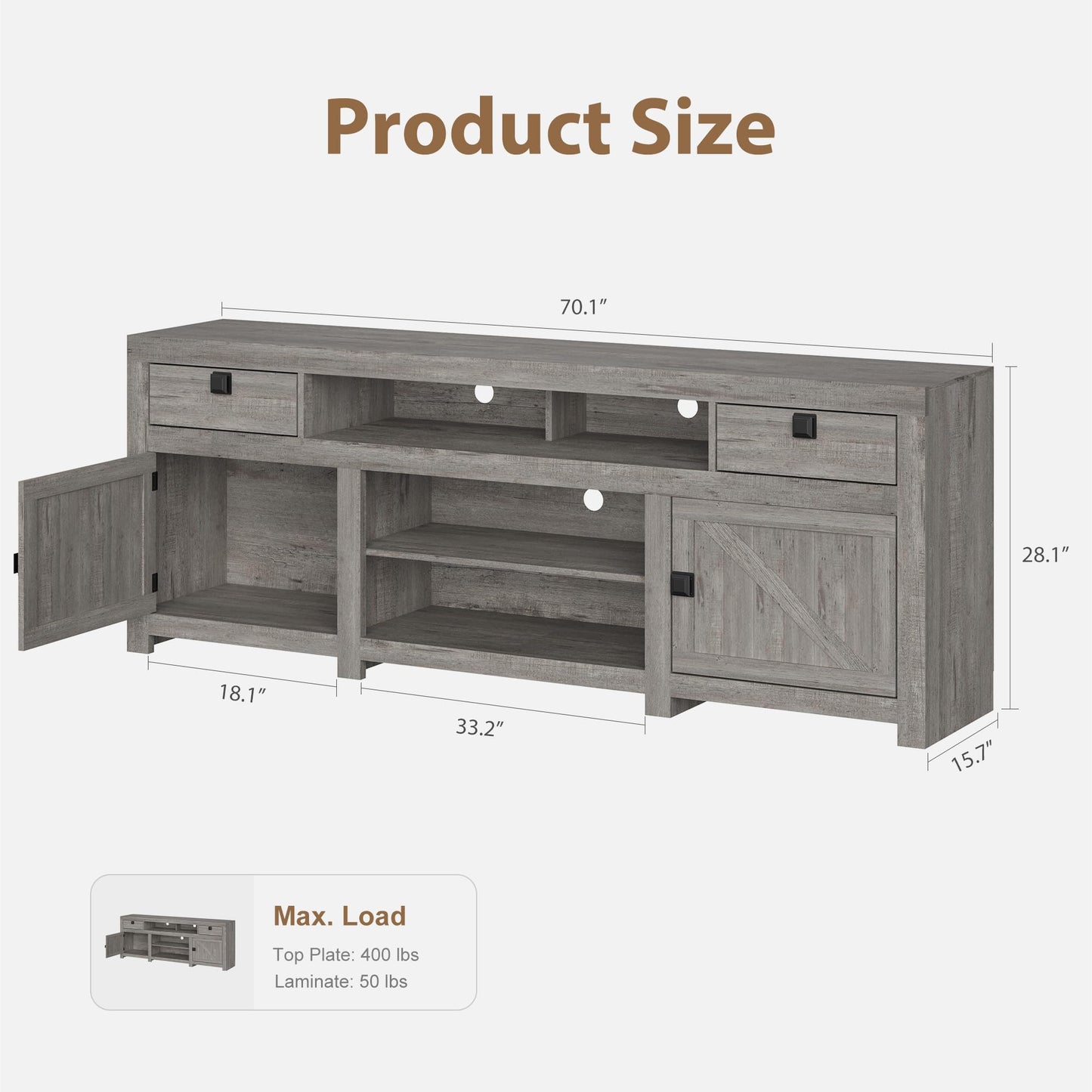 IDEALHOUSE Farmhouse TV Stand for Tv Up to 80 Inches, 70 in Long Entertainment Center with 4 Storage Drawers & 3 Open Shelf, Television Consoles Stands for Living Room, Bedroom-Antique Grey