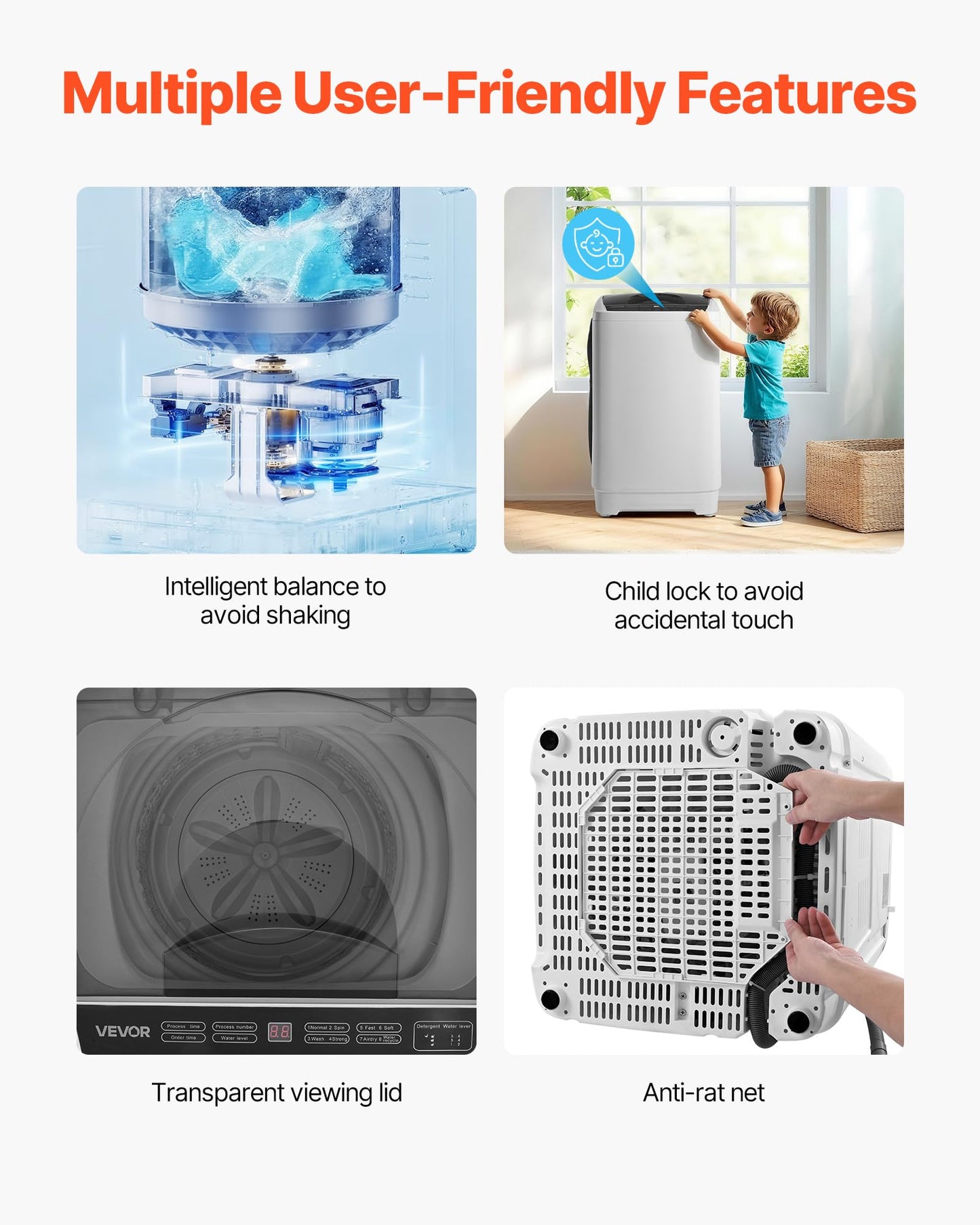 VEVOR Portable Washing Machine, Portable Washer 1.3 cu.ft with LED Display, Stainless Steel Drum, 8 Wash Programs & 6 Adjustable Water Levels, Portable Washer Machine for Apartments, RVs, and Dorms