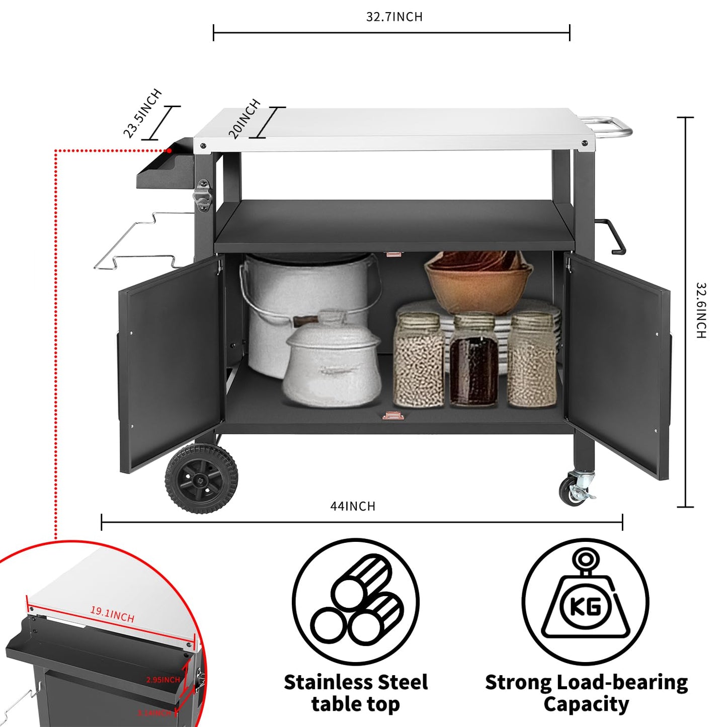 Kendane Grill Cart Table with Big Storage Cabinet, Movable Outdoor Dining Cart Pizza Oven Stand, Kitchen Cart Island Multifunction Food Prep Table Stainless Steel Surface