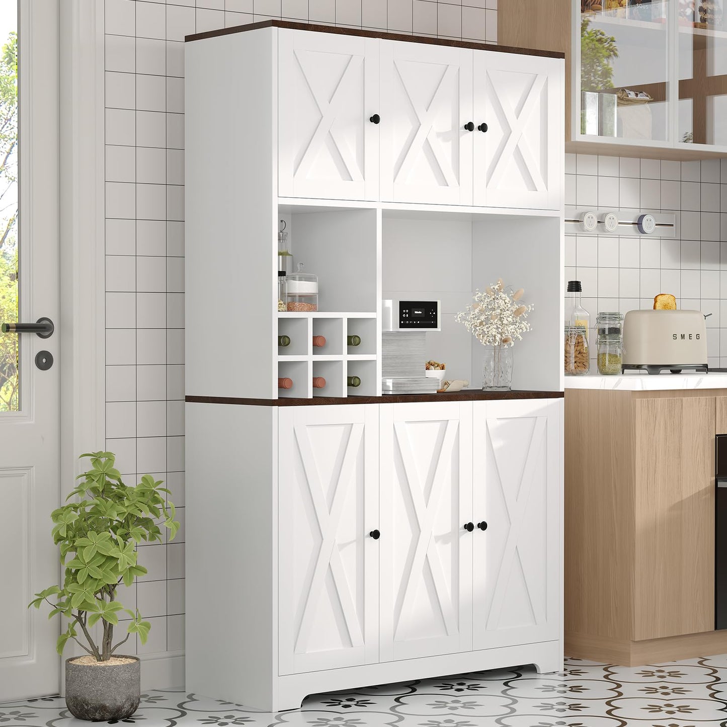 IDEALHOUSE 71" White Farmhouse Kitchen Pantry Cabinet with Wine Rack & Coffee Bar Station - Tall Freestanding Storage Cabinet Hutch for Dining Room, Living Room, Home Bar