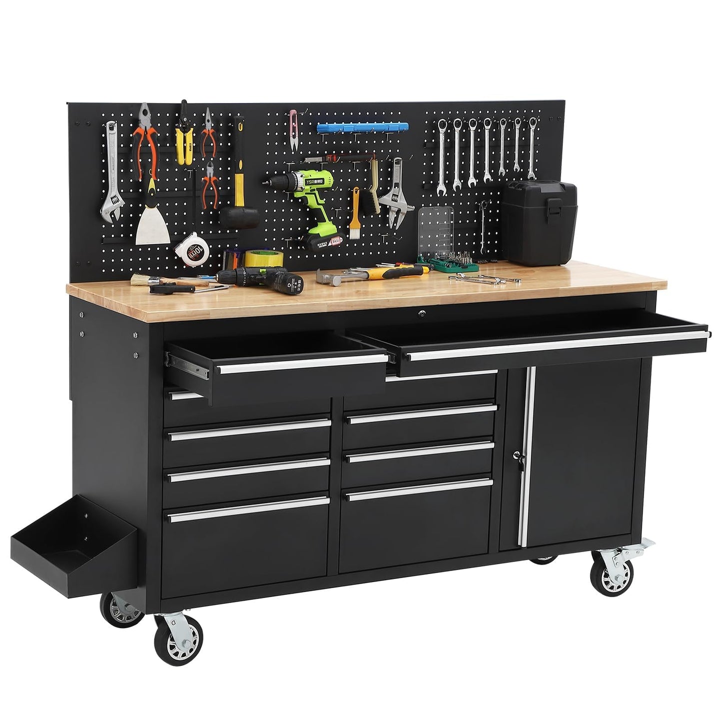61-Inch Rolling Tool Chest with 10 Drawers & Power Strip, Solid Rubber Wood Top, 1675 LBS Load Heavy Duty Mobile Workstation, Locking System and Drawer Liners for Garage Warehouse Shop, Black