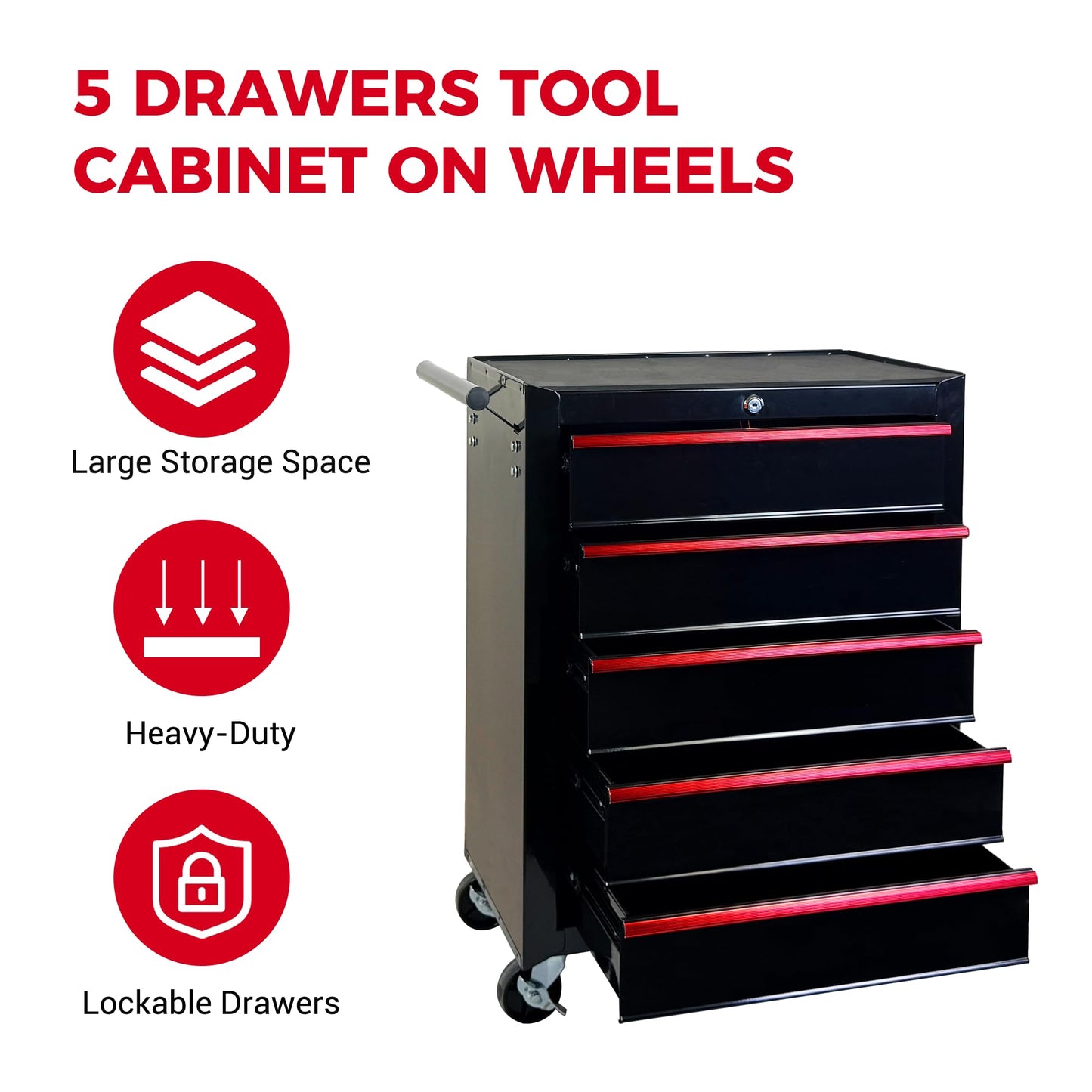 KEIKI 20 Inch Rolling Metal Tool Chest with 5 Drawers, Portable Metal Tool Box with Locking Drawers, Ball Bearing Slides Mobile Storage Cart Organizer for Garage Workshop Warehouse, Black