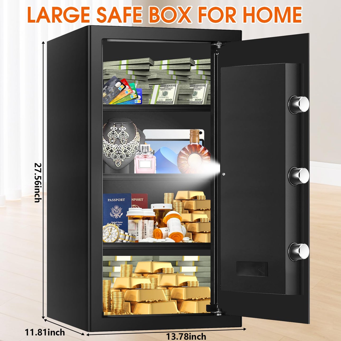 6.2 Cuft Large Fireproof Safe for Home Documents, Digital Security Personal Safety Box with Programmable Keypad, Spare Keys and 3 Removable Shelf, Anti-Theft Fire Safe Box for Money Firearm Medicine