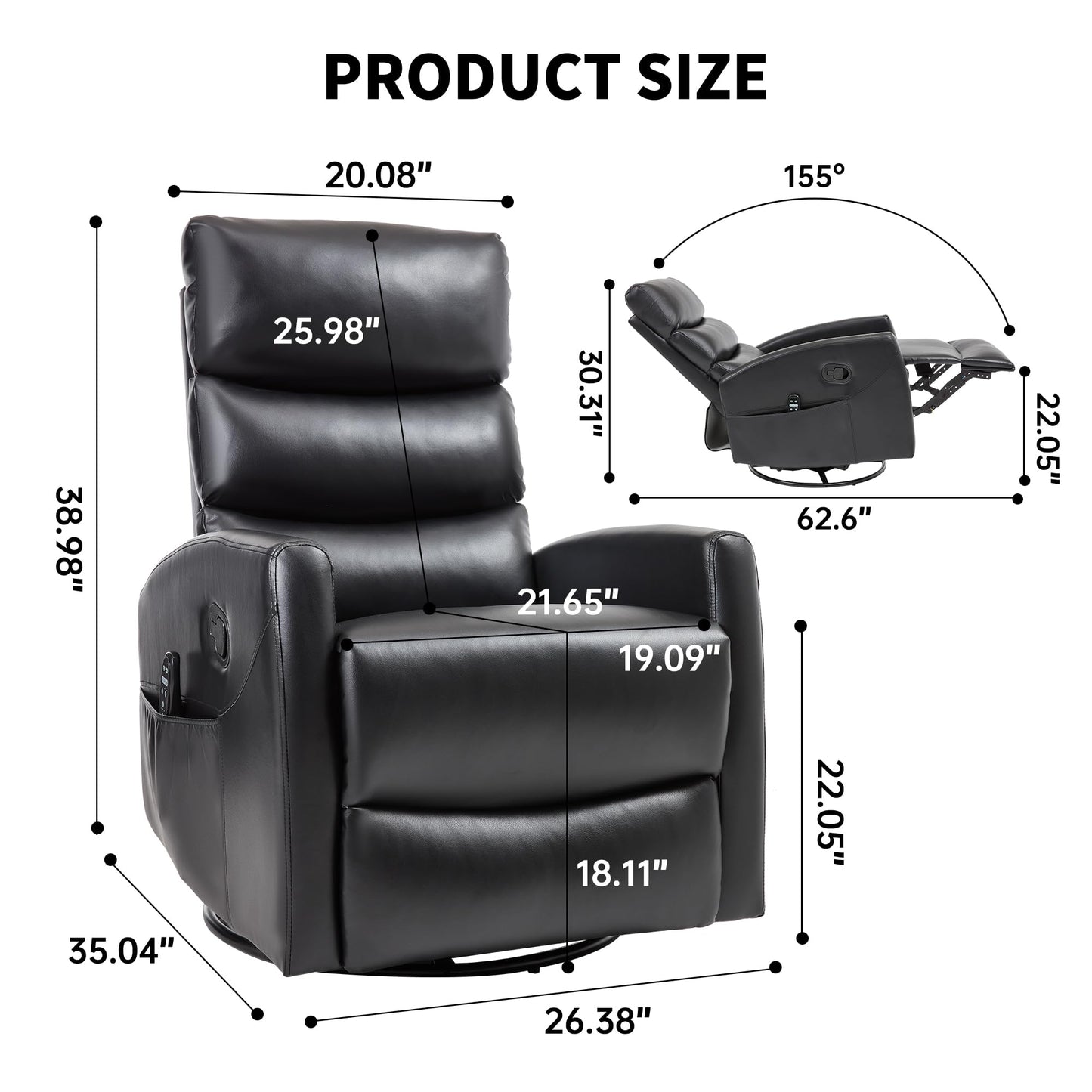 KEIKI Heat Massage Manual Recliner Chair, 360 Swivel Rocker with Lumbar Heat, Lazy Boy Style Faux Leather Overstuffed Back Multi-Function, Nursery Lounge Chair with Side Pockets for Living Room, Black