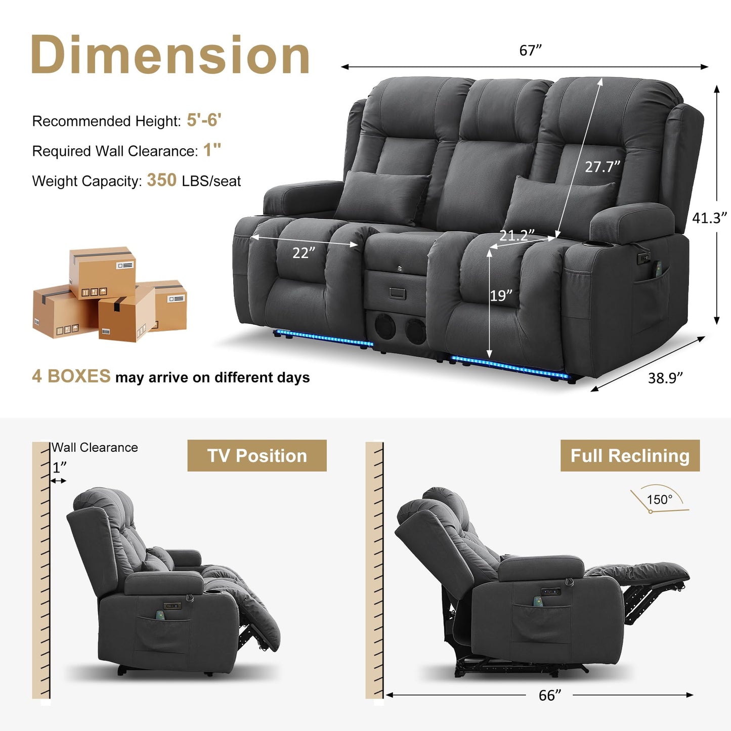 URRED Power Loveseat Recliner Sofa with Massage and Heat, Wall Hugger Reclining Loveseat with Console, RV Couch Home Theater Seating with LED Lights for Living Room (Gray, 67" - 2 Seats)