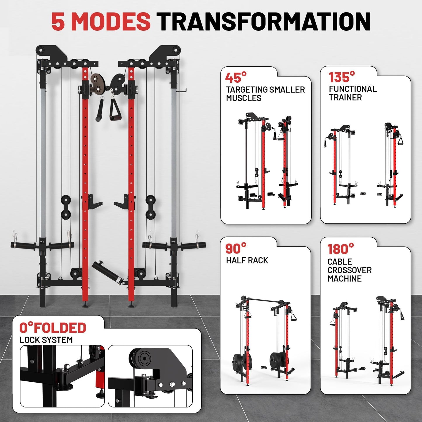 GarveeHome Folding Squat Rack, Wall Mounted Power Rack with Dual Pulley System & Pull Up Bar, Fitness Equipment for Home Gym, Garage, Apartment