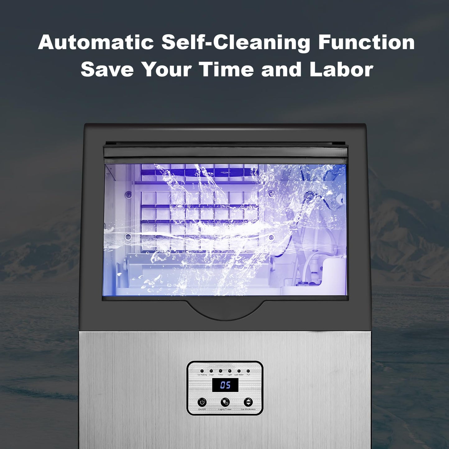 Amzgachfktch Commercial Ice Maker, 100lbs/24H Ice Maker Machine, Auto Self-Cleaning, LED Digital Display, Blue Light, Under Counter/Freestanding Ice Machine for Home/Office/Restaurant/Bar
