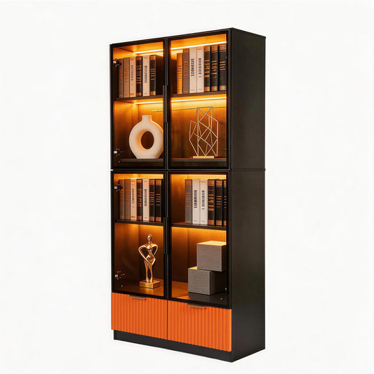 MSYREX Black Display Cabinet, 67-Inch High Bookcase, Multi-Colored LED Ambient Lighting, 4-Tier Large Storage Space, 2 Large Orange Drawers, Transparent Tempered Glass Door