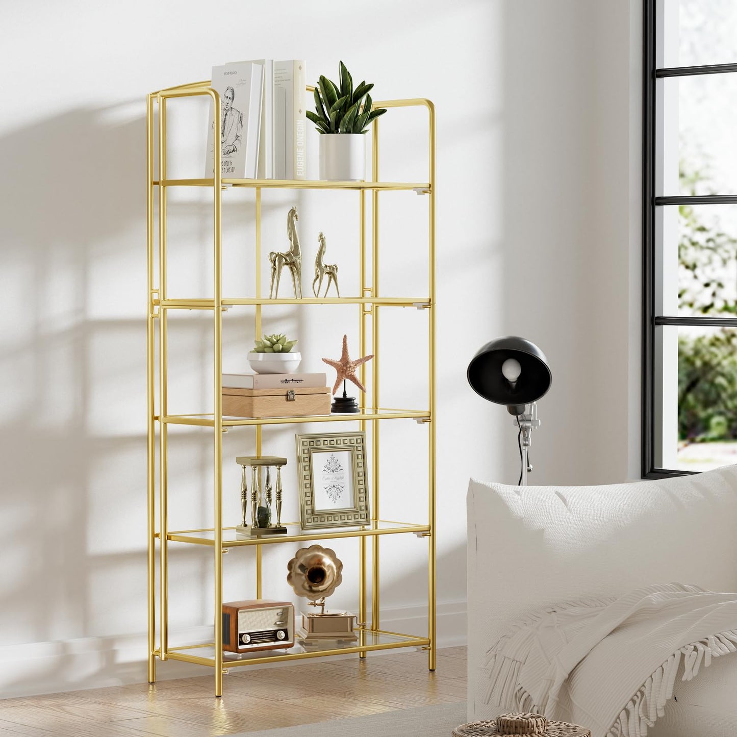 Crofy 5-Tier Wider Foldable Bookshelf, Gold Frame & Transparent Shelves