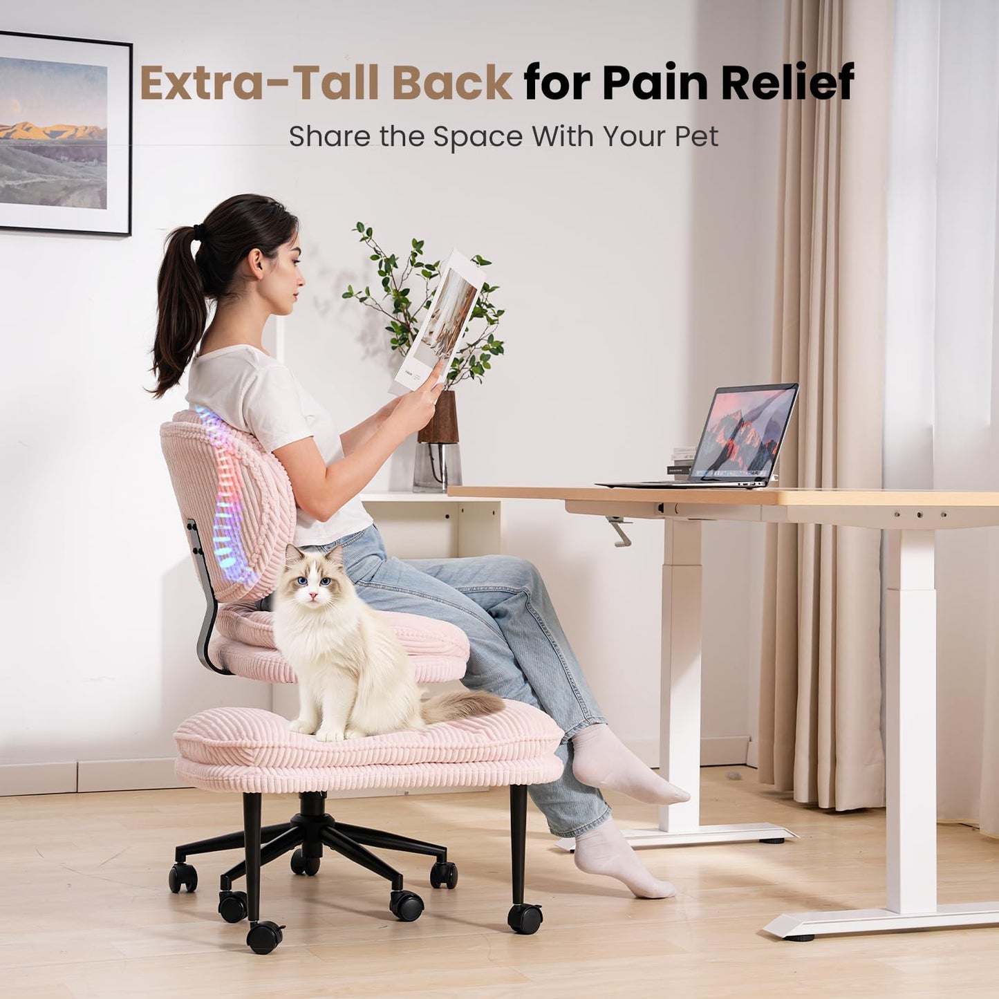 Extra-Wide & Tall Cross-Legged Office Chair – Deeply-Padded Cloud Seat, Ergonomic Back Support, Adjustable Height for ADHD & Meditation,Pink