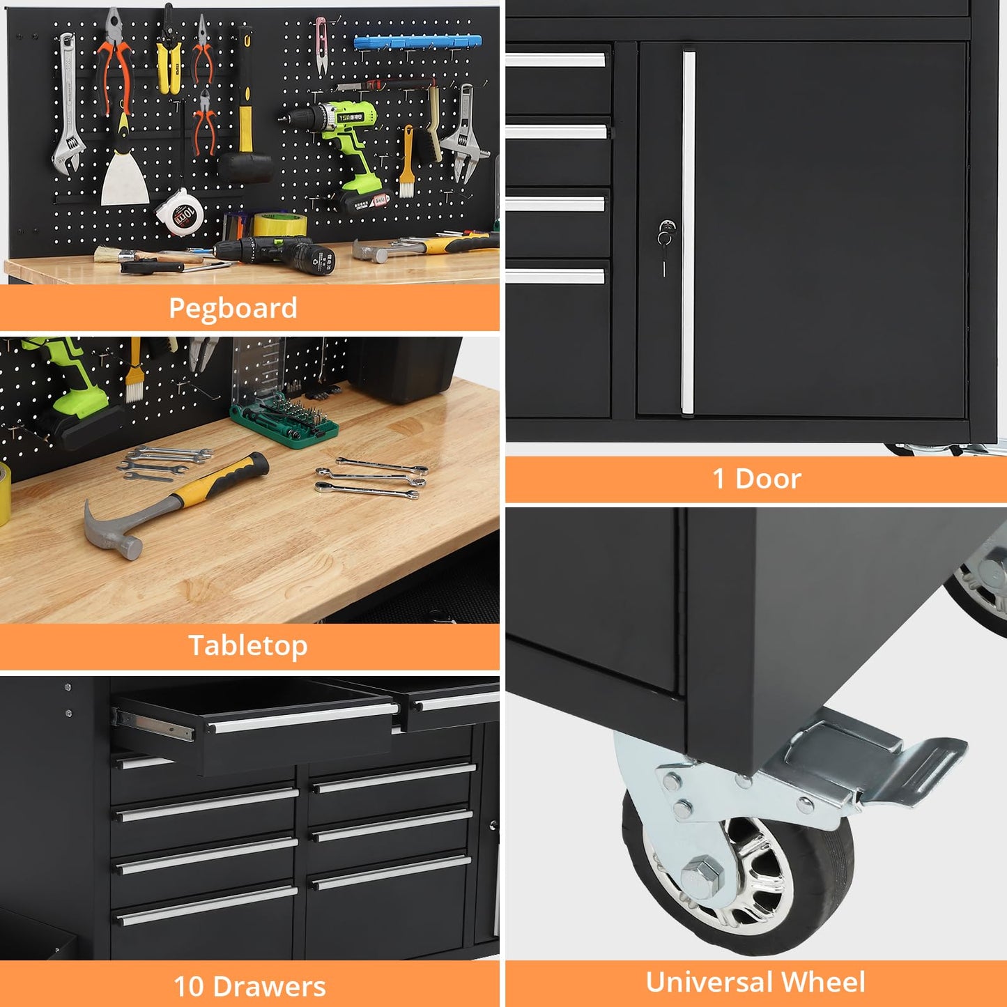 IDEALHOUSE 61-inch Rolling Tool Chest, 10 Drawers Garage Workbench Storage Tool Cabinet with Power Strip, Solid Rubber Wood Top, 1675 LBS Load Mobile Workstation, Heavy Duty Rolling Cabinet, Black