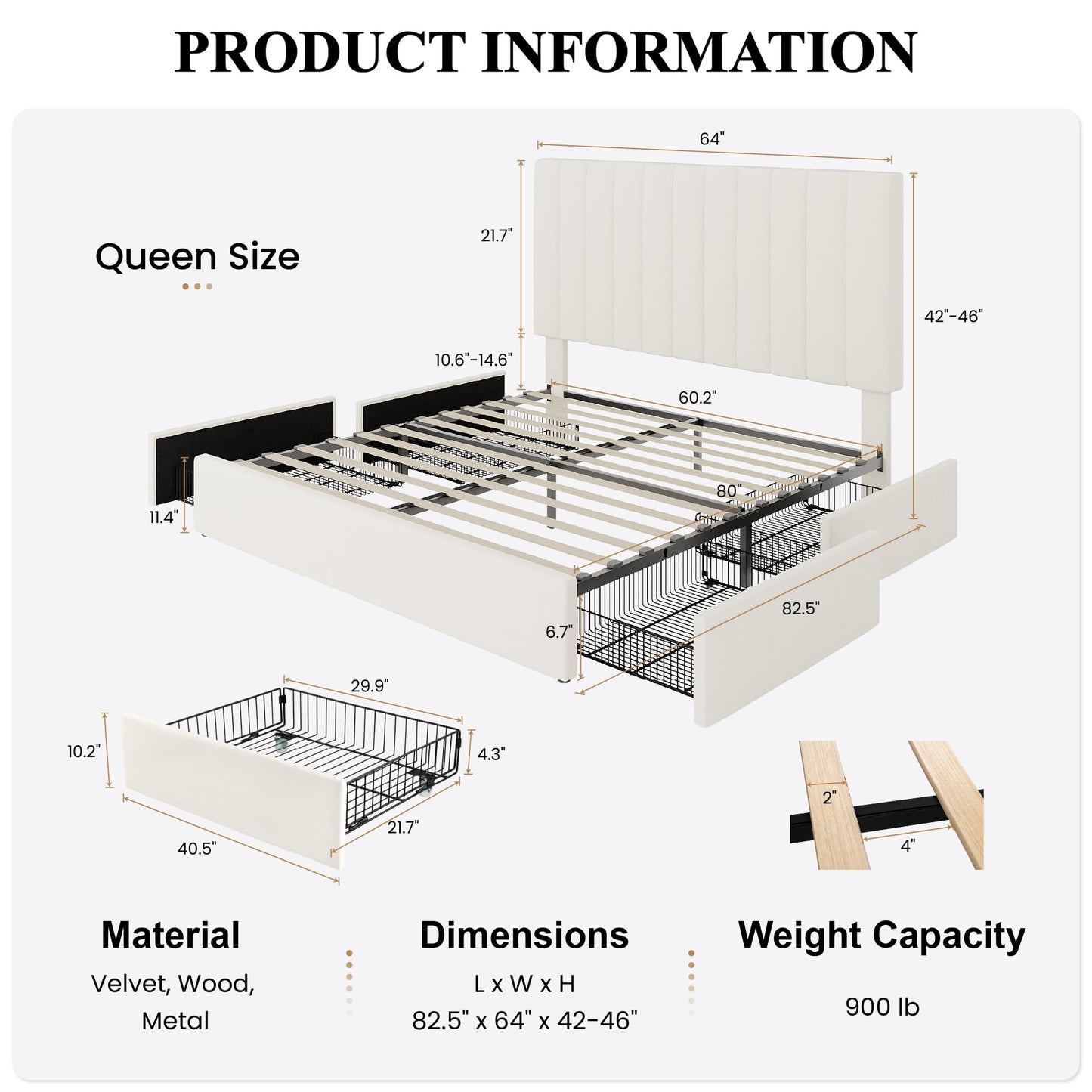 SHA CERLIN Queen Platform Bed Frame with 4 Storage Drawers, Vertical Channel Tufted Adjustable Headboard, Velvet Upholstered, Wooden Slats Support, No Box Spring Needed, Easy Assembly, Cream