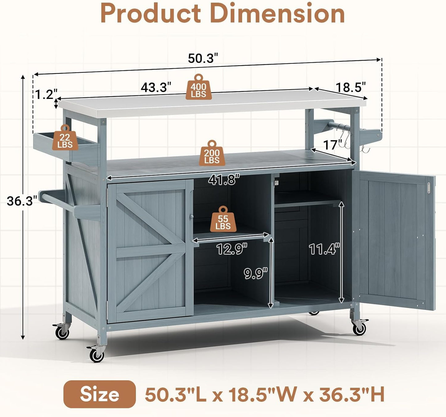 Zevemomo Outdoor Grill Cart with Storage, Stainless Steel Tabletop Outdoor Kitchen Island, Fir Wood Outdoor Buffet Cabinet with Lockable Wheels for Grilling, Gray-Blue
