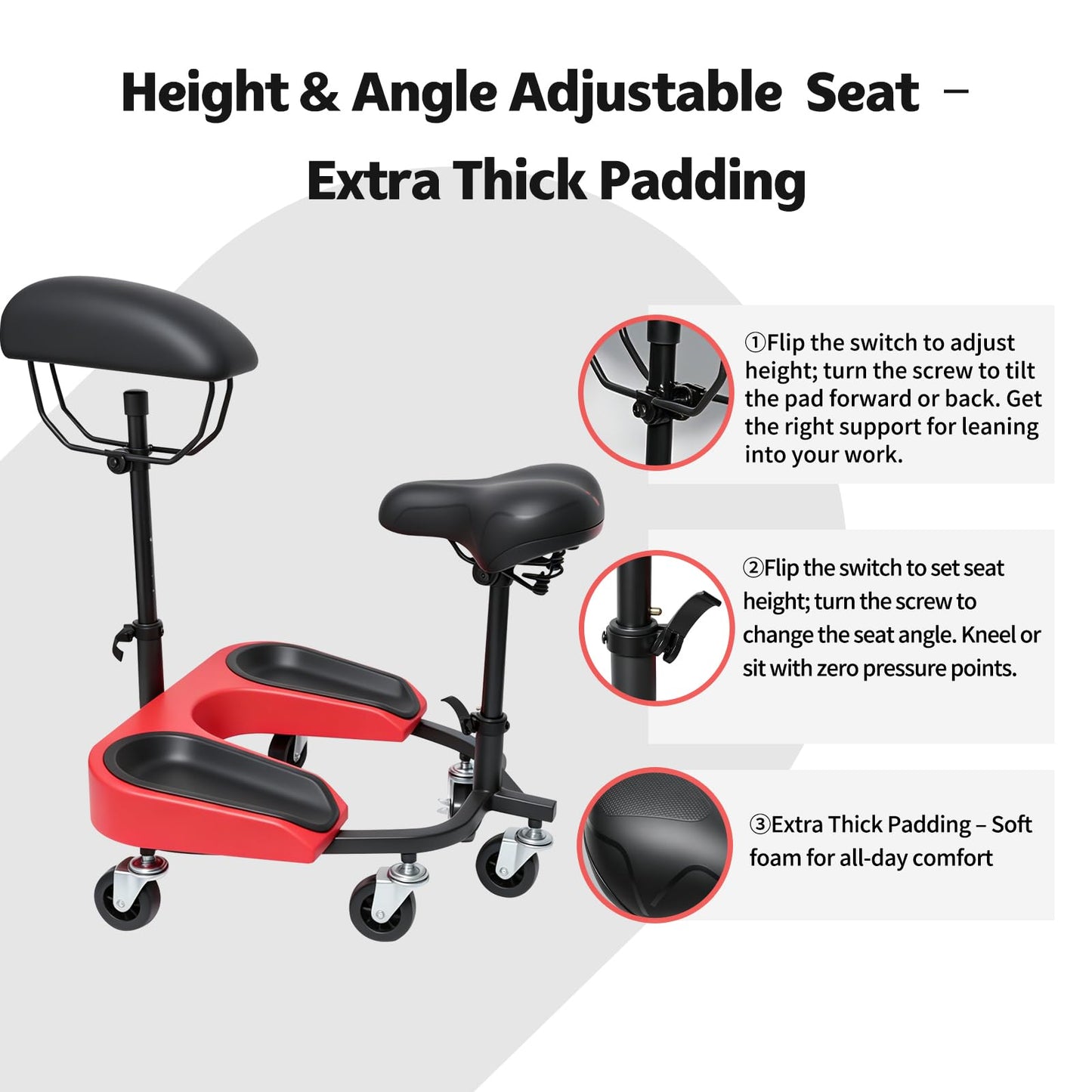Heavy-Duty Kneeling/Sitting Creeper with Adjustable Seat & Tool Tray – 300lb Capacity Rolling Knee Work Seat for Auto Repair, Flooring, Landscaping & DIY – Padded Knee Support & Smooth Casters