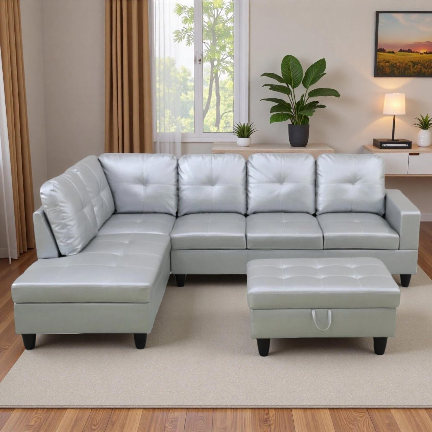 Trygoal 103.5" Sectional Couches for Living Room, Leather 4 Seat L Shaped Couch with Chaise, 3-Piece Modular Sofa with Storage Ottoman, Home Furniture Sets for Apartment Office, Silver