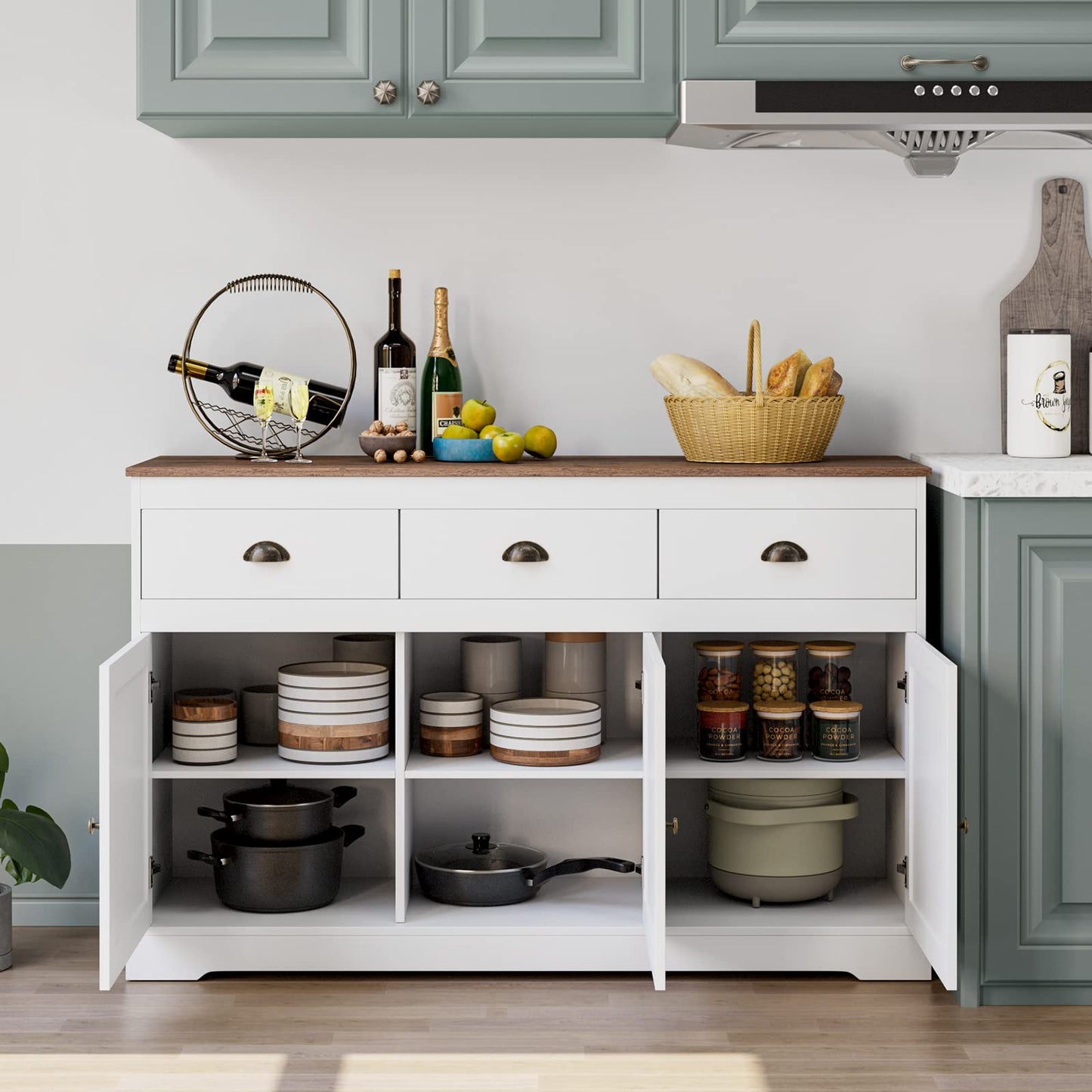 Keyluv White Buffet Cabinet Storage Sideboard Farmhouse Server Bar Wine Cabinet with 3 Drawers & 3 Doors Adjustable Shelves Console Table for Dining Living Room Kitchen Cupboard