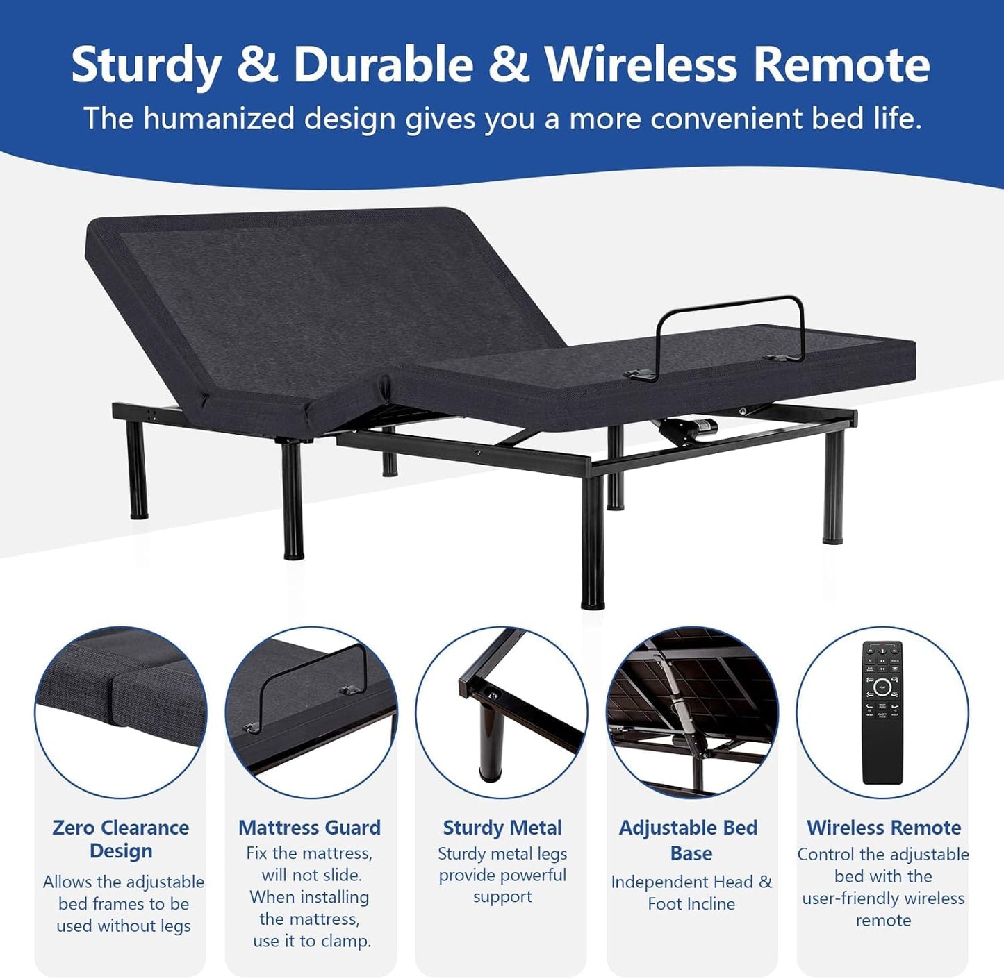 Vipbear Full Adjustable Bed Frame with Massage,Bed Base with Thickened Frame,Voice Control, Wireless Remote, Head and Foot Lift, Anti-Snore/0 Gravity, Under-Bed Light, Electric Beds