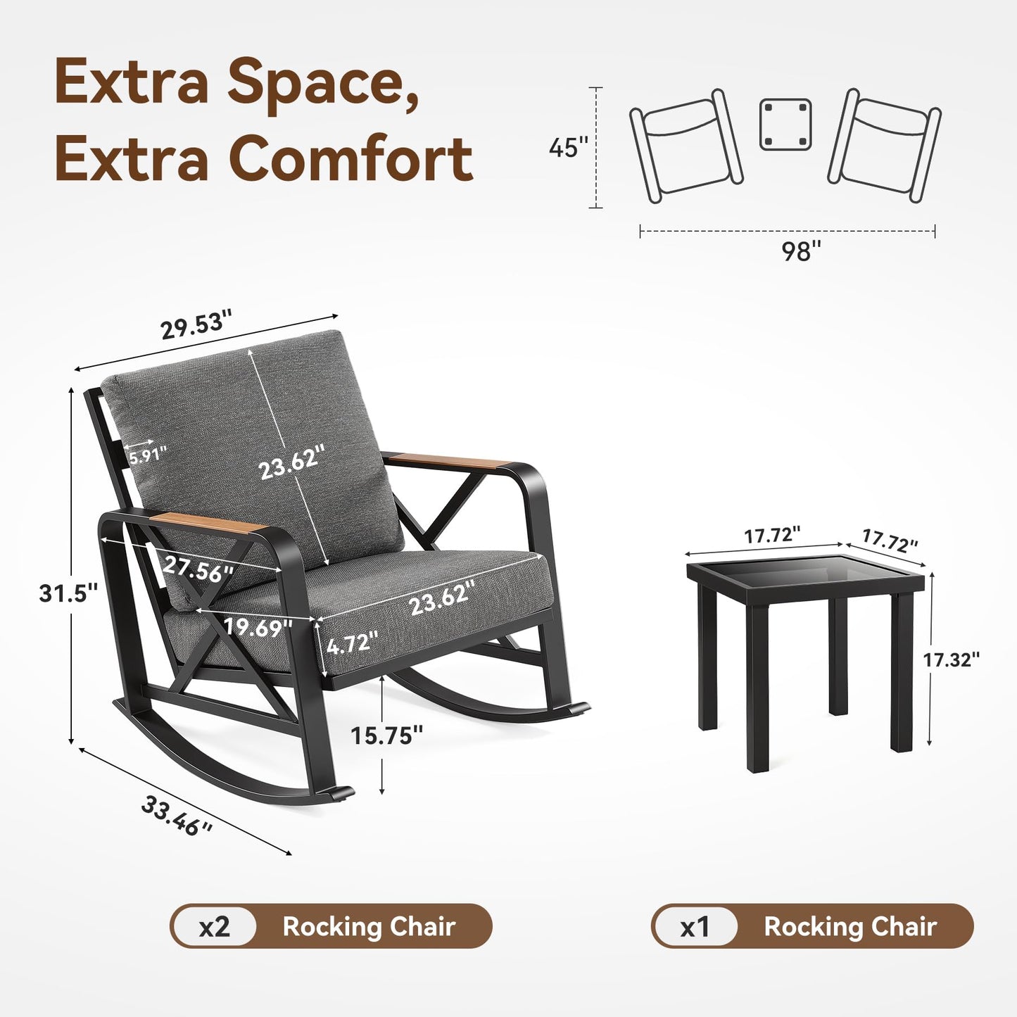 Tribesigns Outdoor Rocking Chair Set, Patio Furniture Sets, Waterproof Rocking Chair with Thick Cushion, Metal Rocker for Balcony (Grey, 3PCS Rocking Bistro Set)
