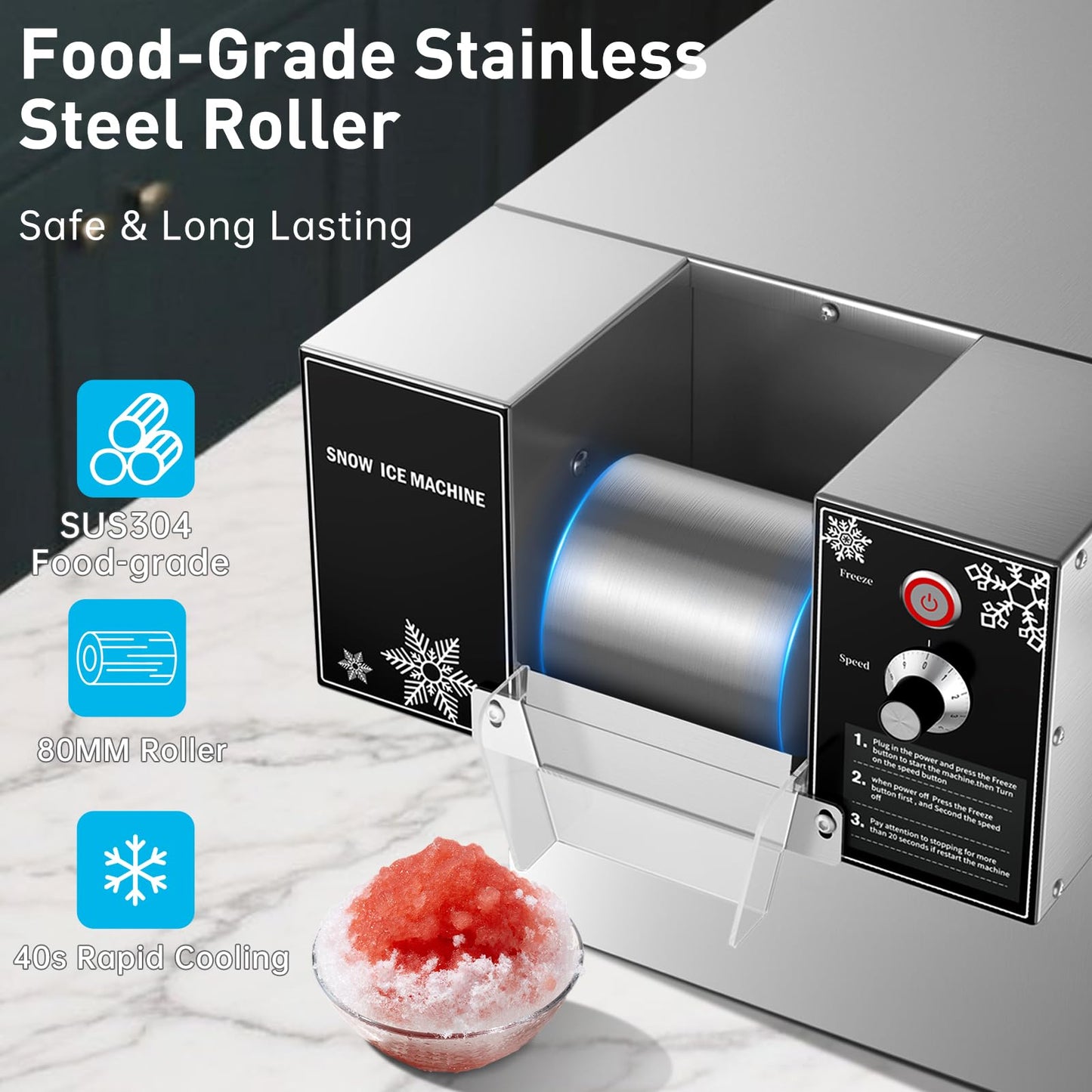 Fajiduo Snowflake Ice Machine, 176 LBS/24H Commercial Shaved Ice Machine, Rapid Cooling and 9 Adjustable Speed, Stainless Steel Snowflake Ice Maker for Home, Restaurant, Office, Party