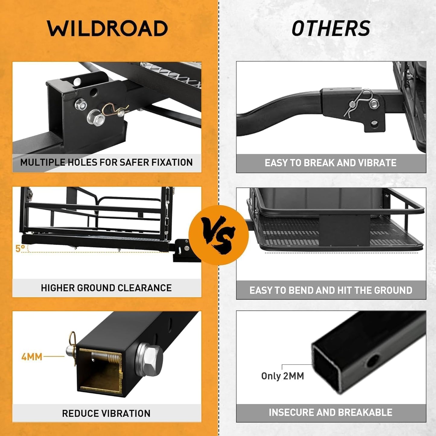 Wildroad Hitch Cargo Carrier with Bike Rack 60" x 24" x 14" Folding Trailer Hitch Cargo Carrier 500 LBS Capacity for Standard, Fat Tire and Electric Bike Fits 2" Receiver 60" Basket+Bike Rack