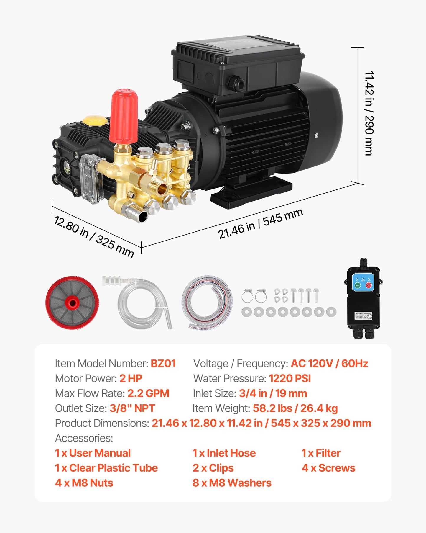VEVOR Electric Pressure Washer Pump Kit, 1220 PSI, 2.2 GPM, Triplex Power Washer Pump with 2 HP Motor 120 V, Adjustable Water Pressure, for Washing Cars, Gardens, Exterior Walls, Machinery Equipment