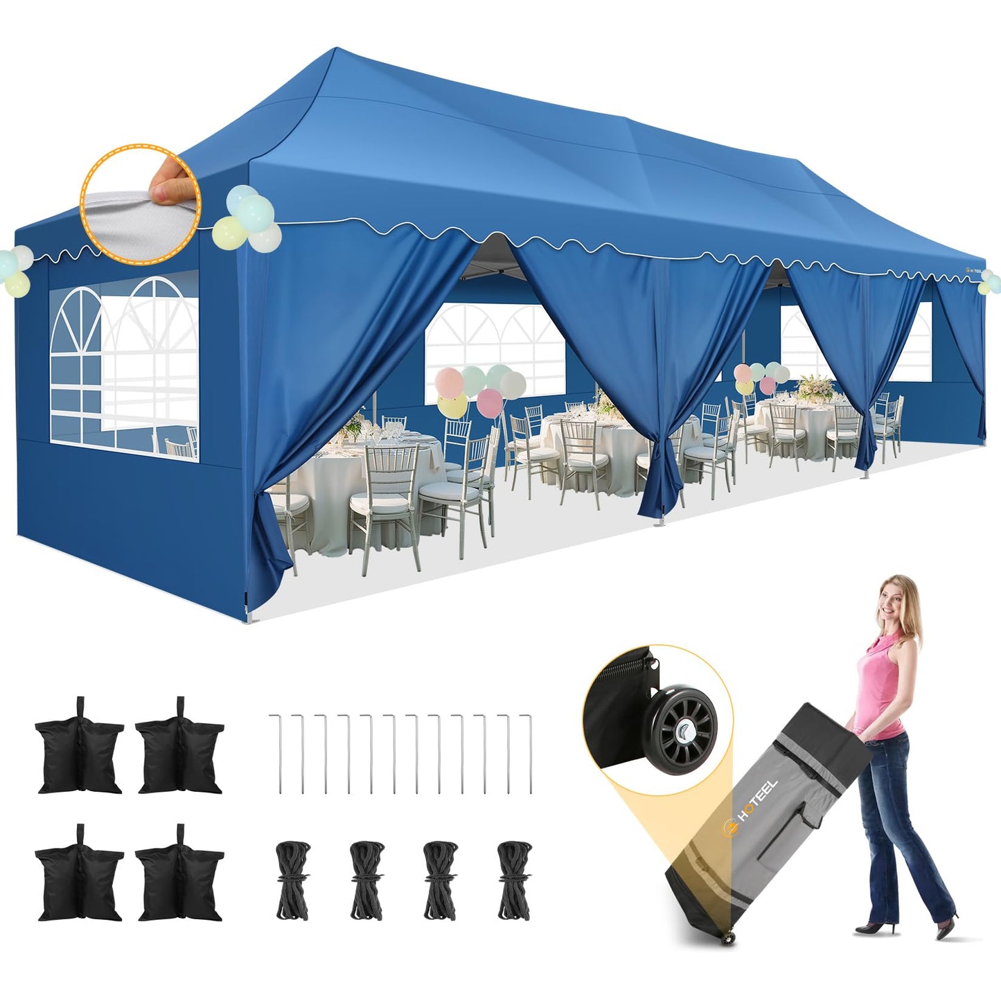 HOTEEL 10x30 Pop Up Canopy with 8 Sidewalls, UV 50+ and Waterproof Party Tent 10x30, Thickened Frame, Large Space Easy Pop Up Canopy, Outdoor Canopy for Weddings, Beaches, Parties, Patio (Sky Blue)