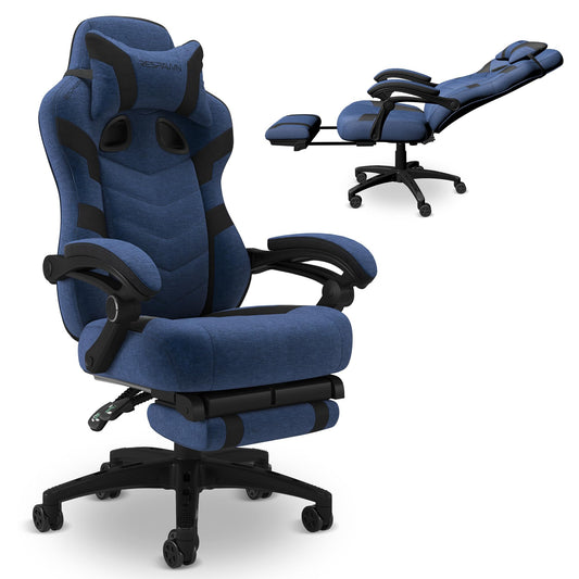 Respawn 110 Pro Ergonomic Gaming Chair with Footrest for Adults - Comfortable Office Gaming Recliner with Lumbar Support and Headrest, Racing Style Video Game Chairs for Computer Gamer - Blue Fabric