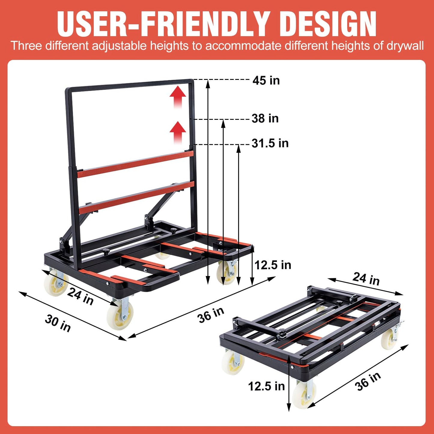 LMYYGOO Drywall Cart 2400 lbs Heavy Duty, Folding Panel Dolly with Adjustable Height, 6" Wheels, Sheetrock & Plywood Moving Cart for Glass, Lumber & Warehouse Material Handling