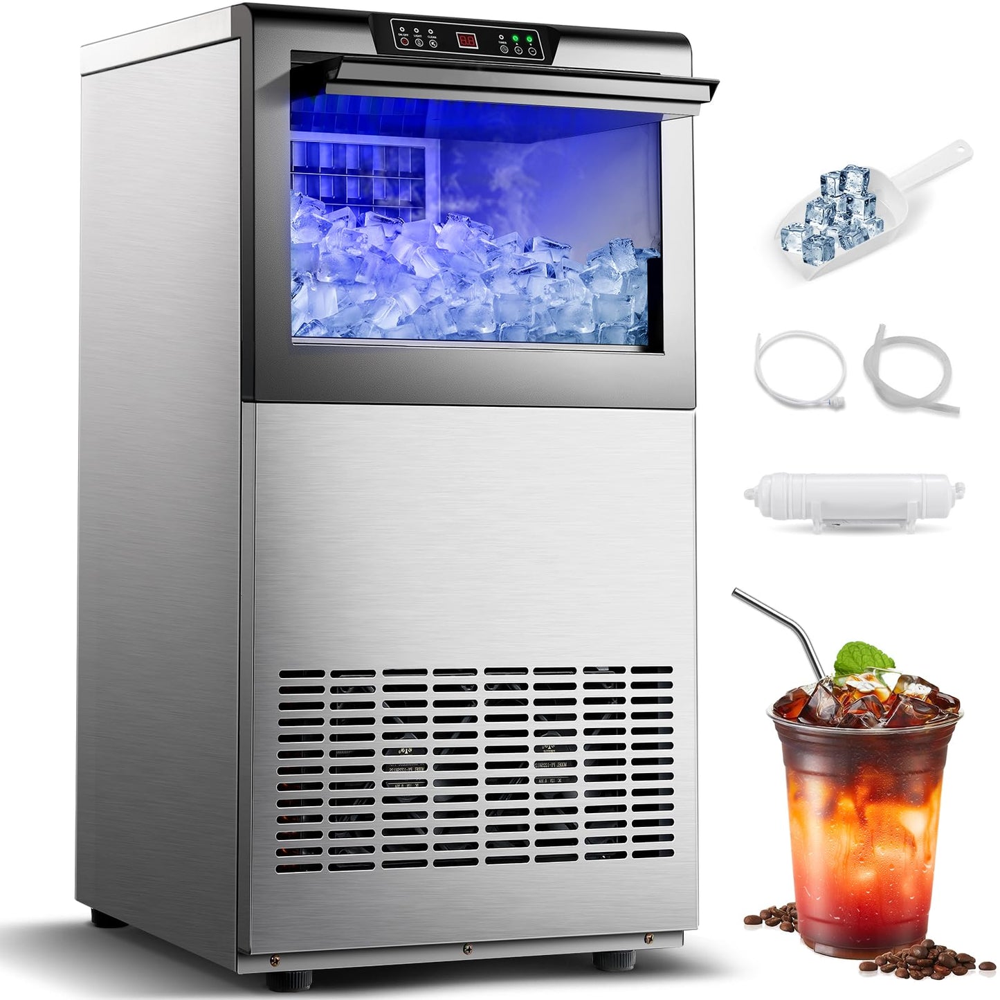 Zomagas Commercial Ice Maker 150lbs/24H, Ice Maker Machine with 50lbs Ice Storage, Self-Cleaning, LED Digital Display, Blue Light, Under Counter/Freestanding Ice Machine for Home Bar Restaurant