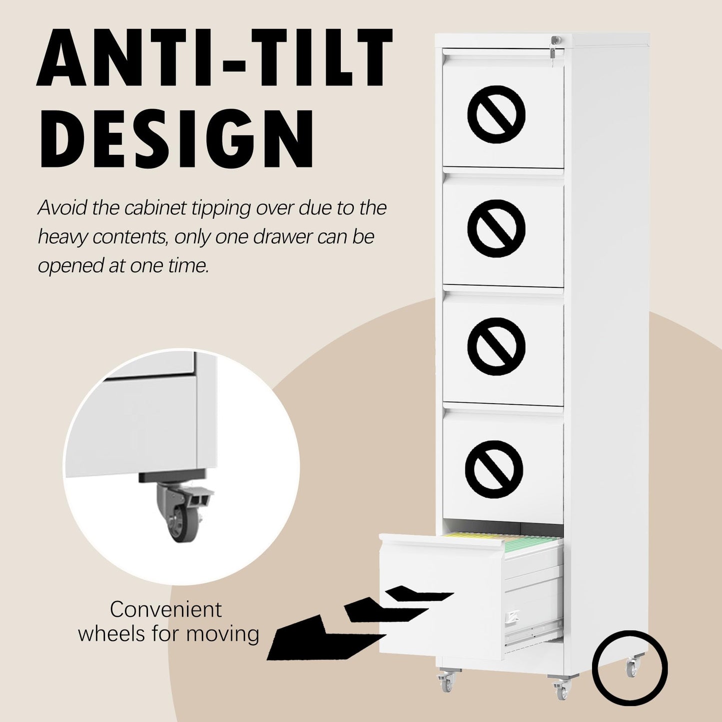 FOSTOKO 5 Drawers Filing Cabient with Wheel, File Cabinet with Lock, Steel Vertical Filing Storage Cabinet for Office, Heavy-Duty File Cabinets for Letters/Legal/A4 (Require Assembly, White)