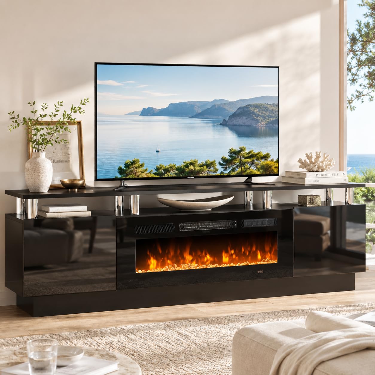 OneBlis 70" TV Stand for Living Room, Modern Entertainment Center & Media Console, Fits TVs up to 80", Storage Cabinet with Shelves, 36" Electric Fireplace with LED Flame (All Black)