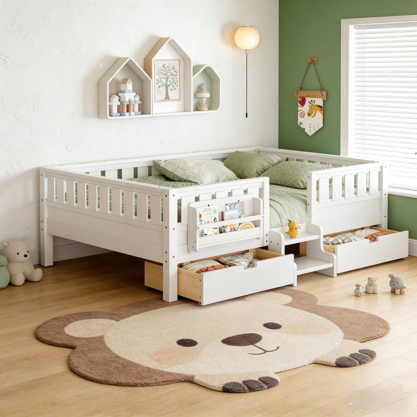 Queen Platform Bed with Storage Drawers and Bookshelves, Kids Platform Bed Frame with Low-profile Stairs and Full-length Guardrails, Queen Bed Frame for Boys, Girls, No Box Spring Needed, White