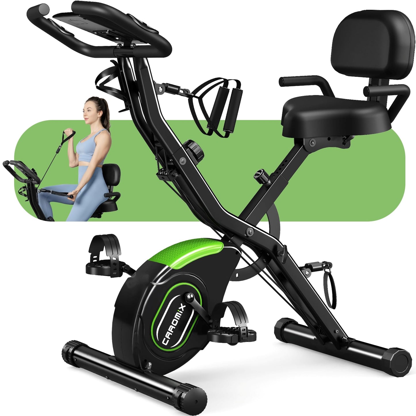 Caromix Folding Exercise Bike, 5 in 1 Stationary Bike with 16-Level Adjustable Magnetic Resistance, 330LB Capacity Indoor Workout Bike, Foldable Exercise Bike for Seniors and Adult
