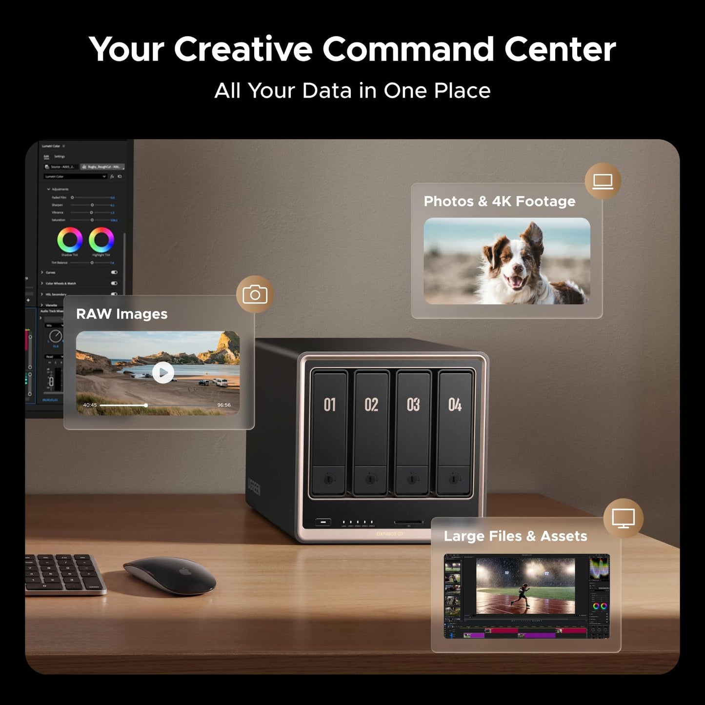 UGREEN NAS DXP4800 GT 4-Bay Desktop Network Attached Storage, AMD R2514 CPU, 8GB DDR4 RAM, 2X 10GbE, 2X M.2 NVMe Slots, 4K HDMI Ideal for Smart Home Enthusiasts, Creators, Office Teams (Diskless)