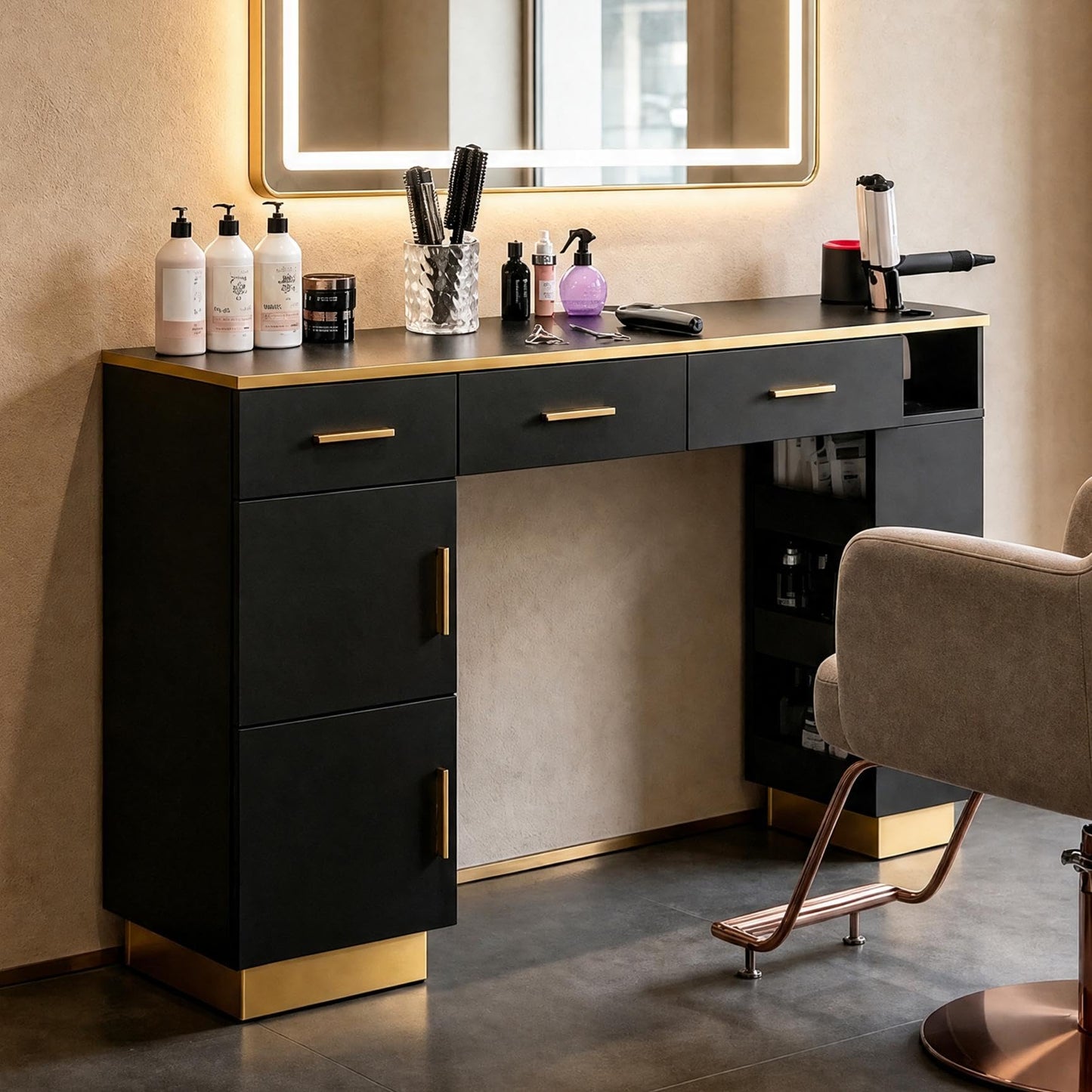 Oakvera Salon Station for Hair Stylist, Freestanding Barber Desk with 2 Cabinets, 3 Drawers & Open Storage Shelves, Hair Salon Furniture for Salon, Spa & Beauty, Black