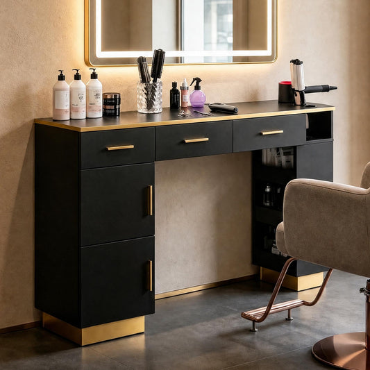 Oakvera Salon Station for Hair Stylist, Freestanding Barber Desk with 2 Cabinets, 3 Drawers & Open Storage Shelves, Hair Salon Furniture for Salon, Spa & Beauty, Black