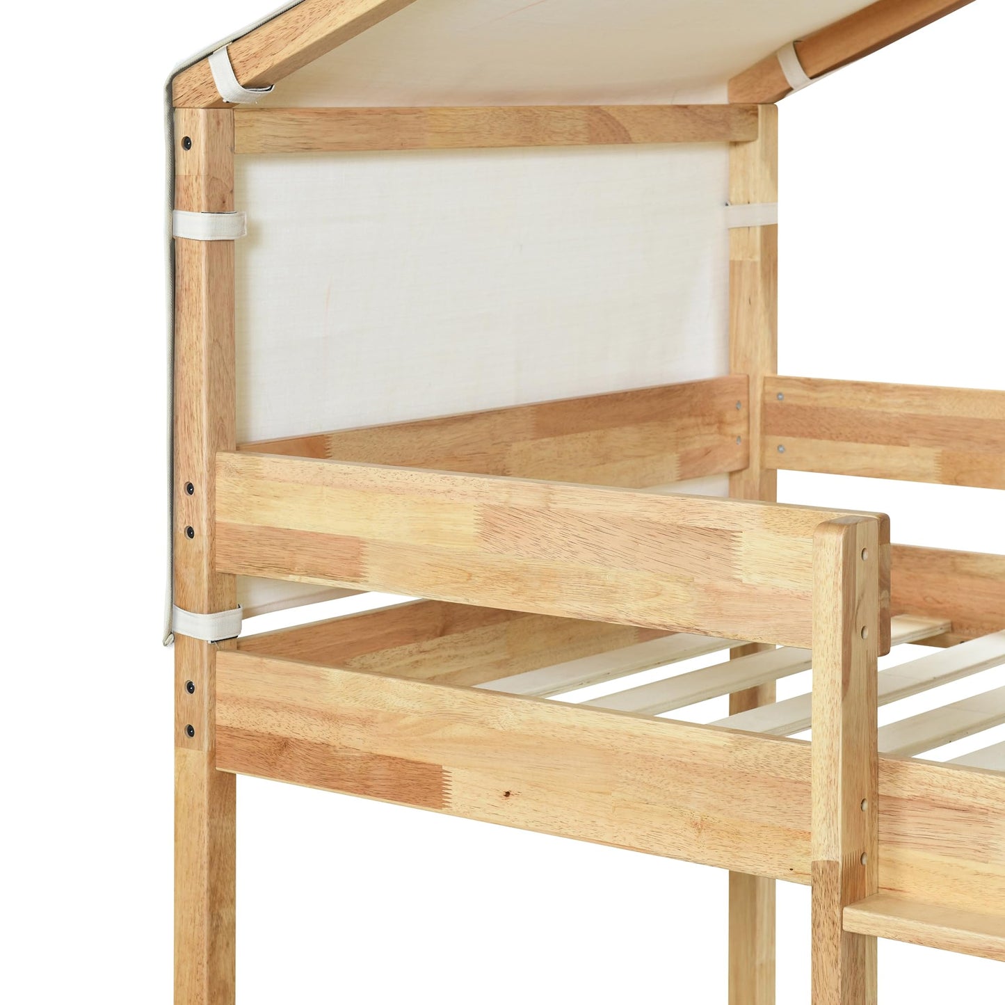 Merax Twin Over Twin Bunk Bed Wood Frame with Beige Cotton Tent,House-Shaped for Kids Toddlers Teens Girls Boys,Natural