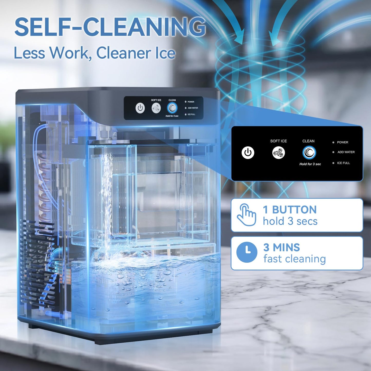 Nugget Ice Maker Countertop, Chewable Pellet Ice Machine, 37lbs/Day, 6-Min Fast Ice, One-Click Self-Cleaning, 0.8Gal Detachable Tank, Stainless Steel for Home/Kitchen/Office/Party