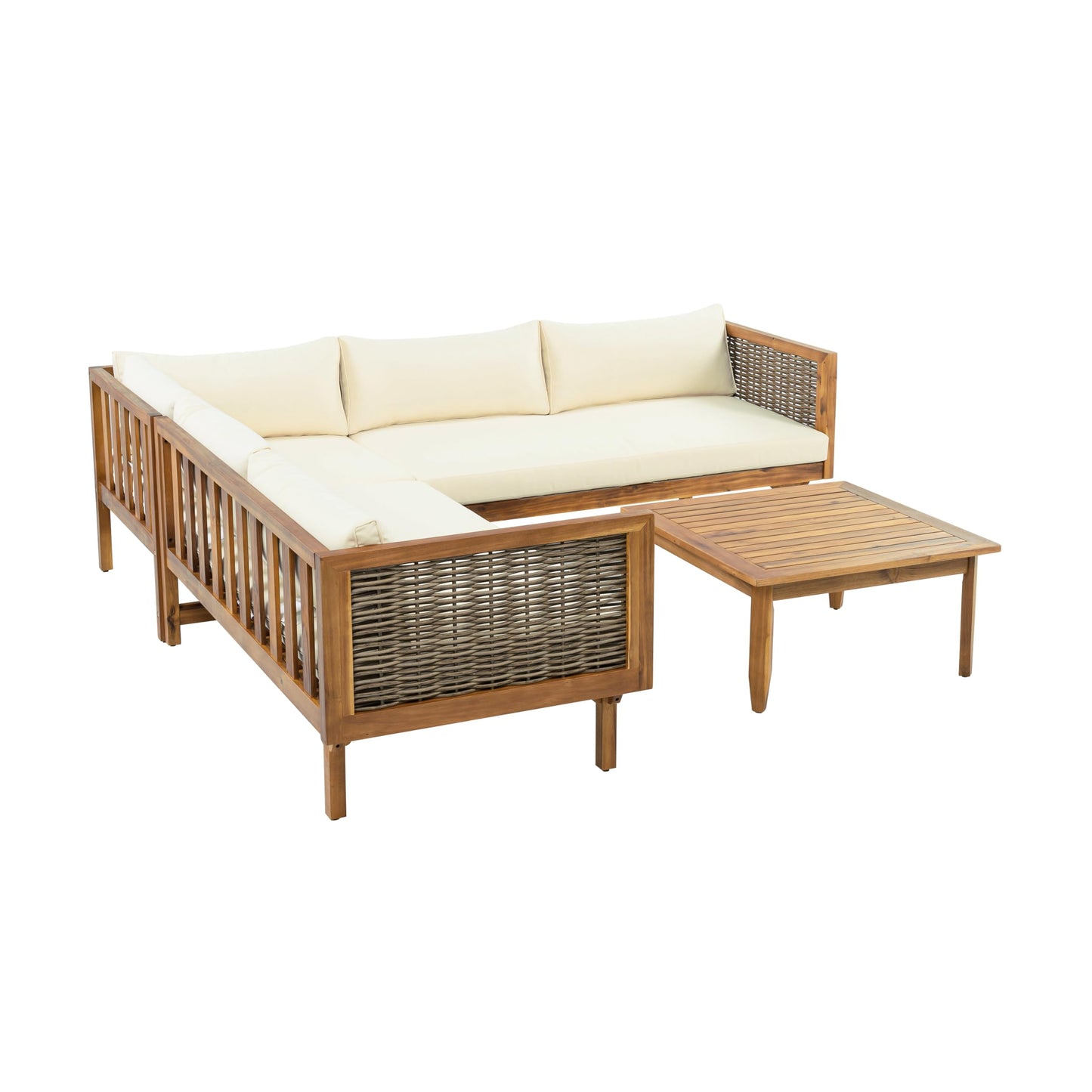 Merax Acacia Wood Outdoor Patio Furniture Set with L Shape Sectional Sofa and Coffee Table for Garden, Backyard, Porch and Balcony